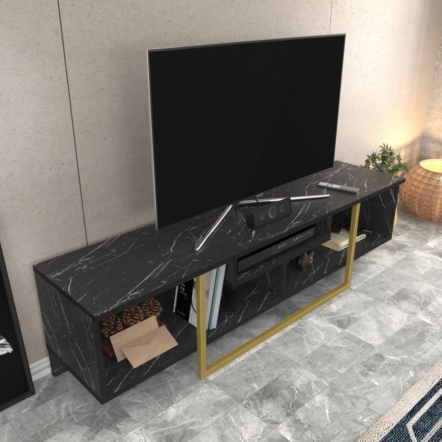 Móvel de TV Glamouroso, Preto e Dourado, 150 cm x 35,2 cm x 40 cm | Painel de partículas 100% revestido em melamina, 18 mm de espessura | Elegante e funcional para salas de estar modernas