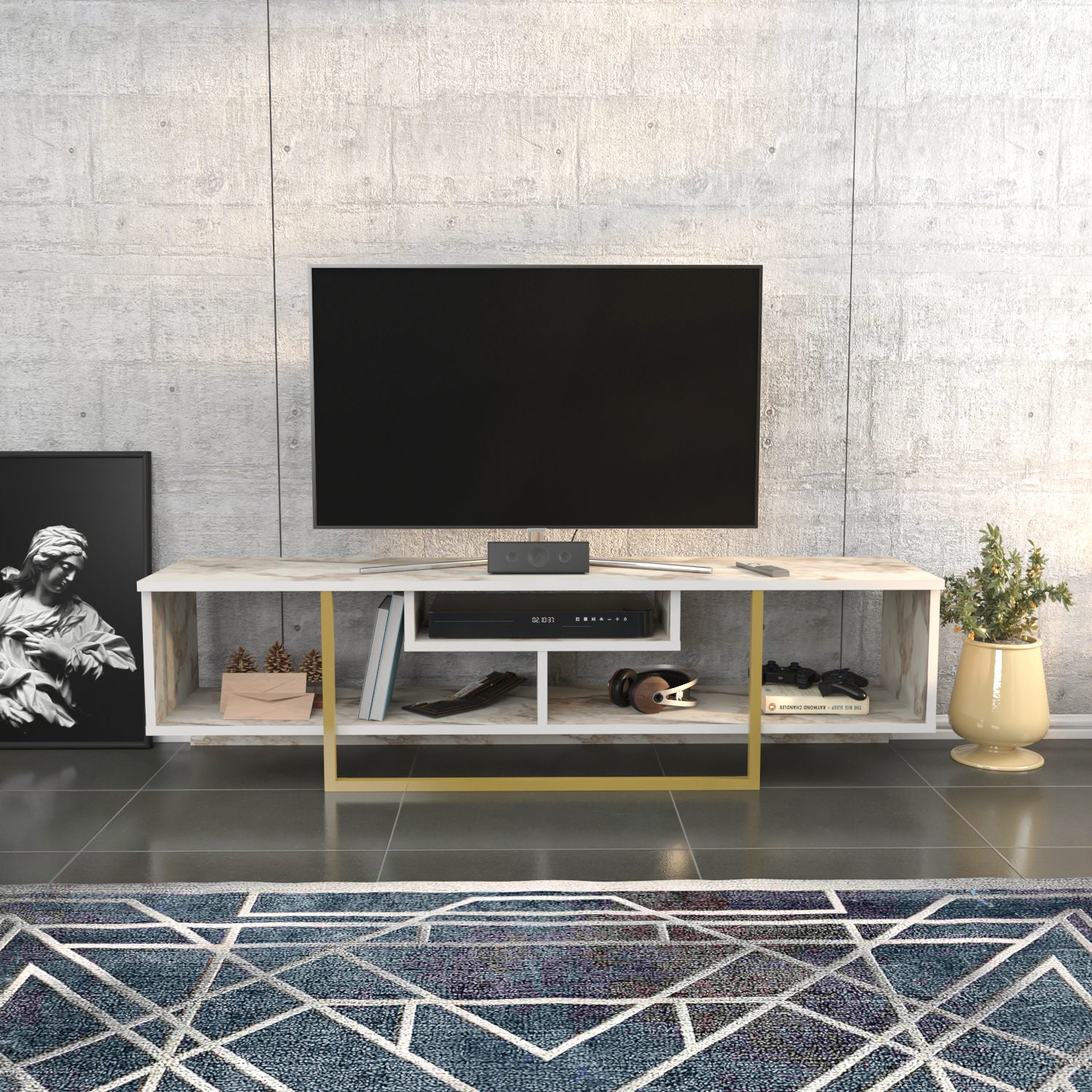 Móvel de TV Glamouroso, Dourado e Branco, 150 cm x 35,2 cm x 40 cm | Painel de partículas 100% revestido em melamina, 18 mm de espessura | Elegante e funcional para salas de estar modernas