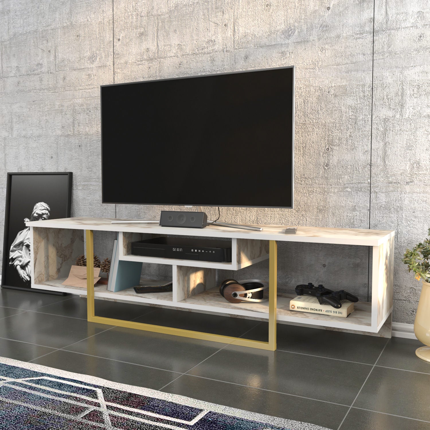 Móvel de TV Glamouroso, Dourado e Branco, 150 cm x 35,2 cm x 40 cm | Painel de partículas 100% revestido em melamina, 18 mm de espessura | Elegante e funcional para salas de estar modernas