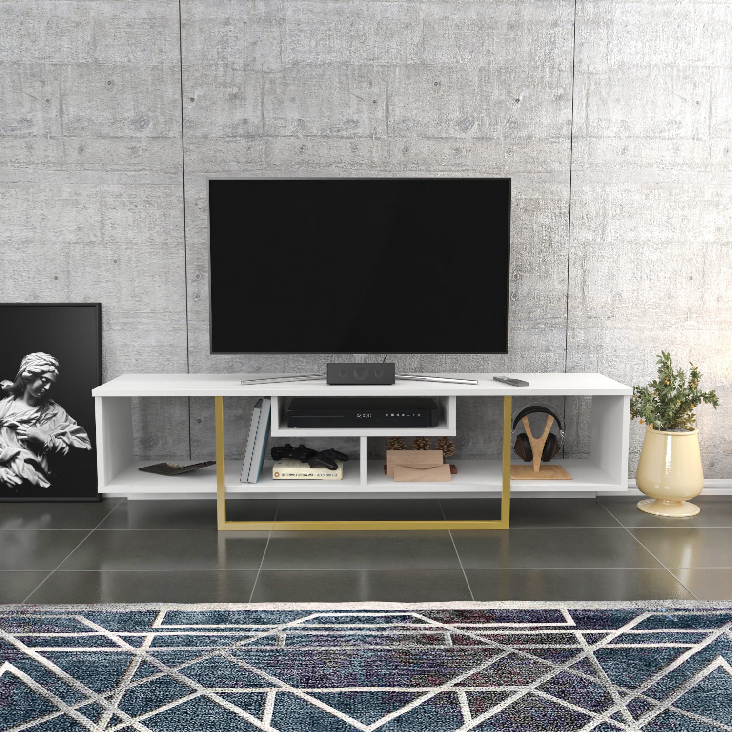 Móvel de TV Glamouroso, Branco e Dourado, 150 cm x 35,2 cm x 40 cm | Painel de partículas 100% revestido em melamina, 18 mm de espessura | Elegante e funcional para salas de estar modernas