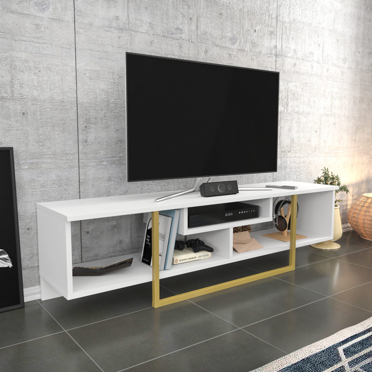 Móvel de TV Glamouroso, Branco e Dourado, 150 cm x 35,2 cm x 40 cm | Painel de partículas 100% revestido em melamina, 18 mm de espessura | Elegante e funcional para salas de estar modernas