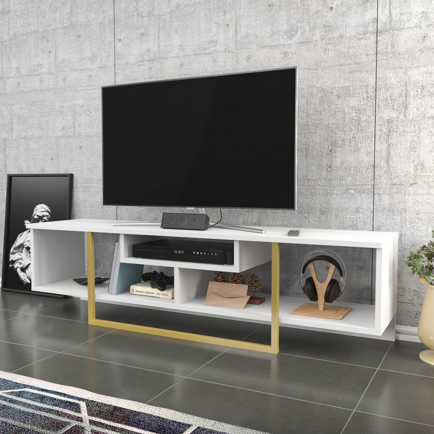 Móvel de TV Glamouroso, Branco e Dourado, 150 cm x 35,2 cm x 40 cm | Painel de partículas 100% revestido em melamina, 18 mm de espessura | Elegante e funcional para salas de estar modernas