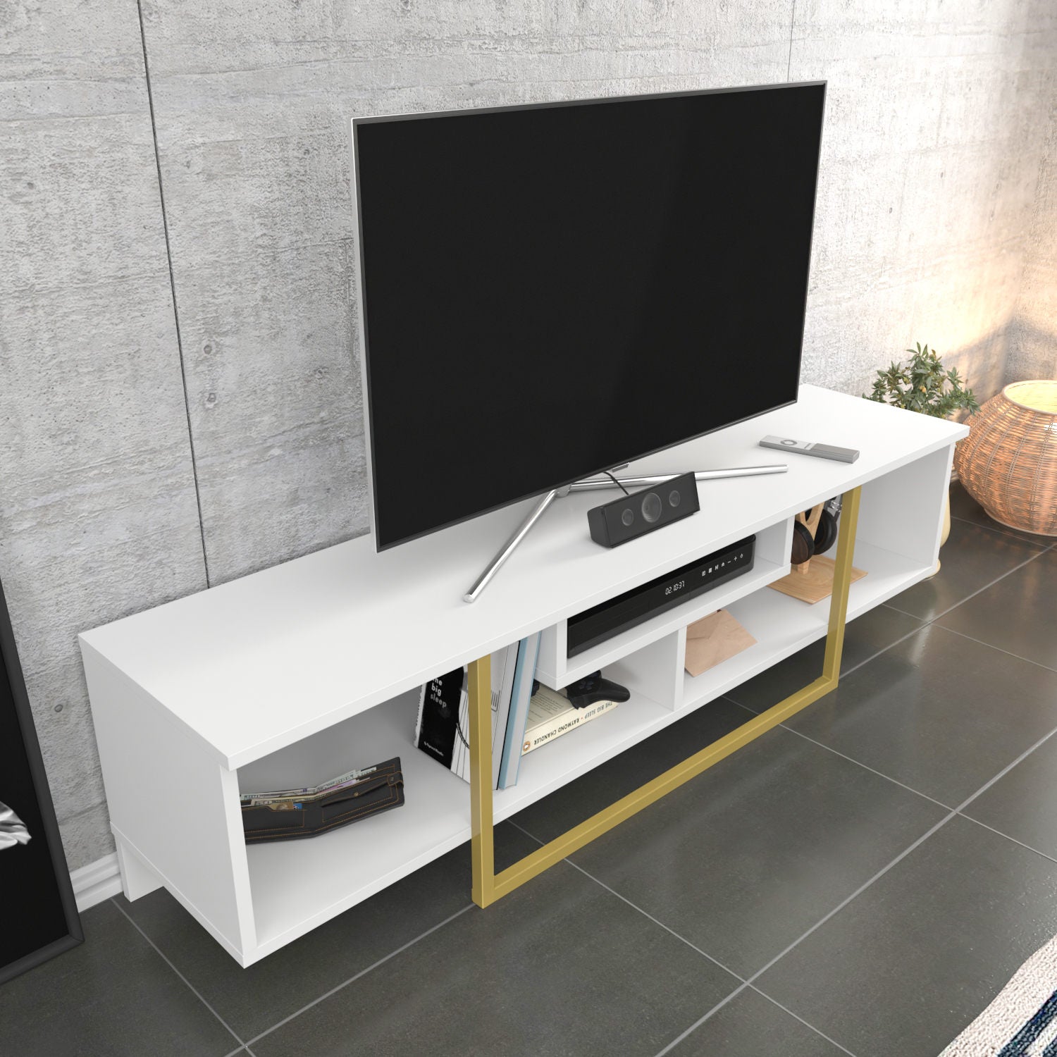 Móvel de TV Glamouroso, Branco e Dourado, 150 cm x 35,2 cm x 40 cm | Painel de partículas 100% revestido em melamina, 18 mm de espessura | Elegante e funcional para salas de estar modernas