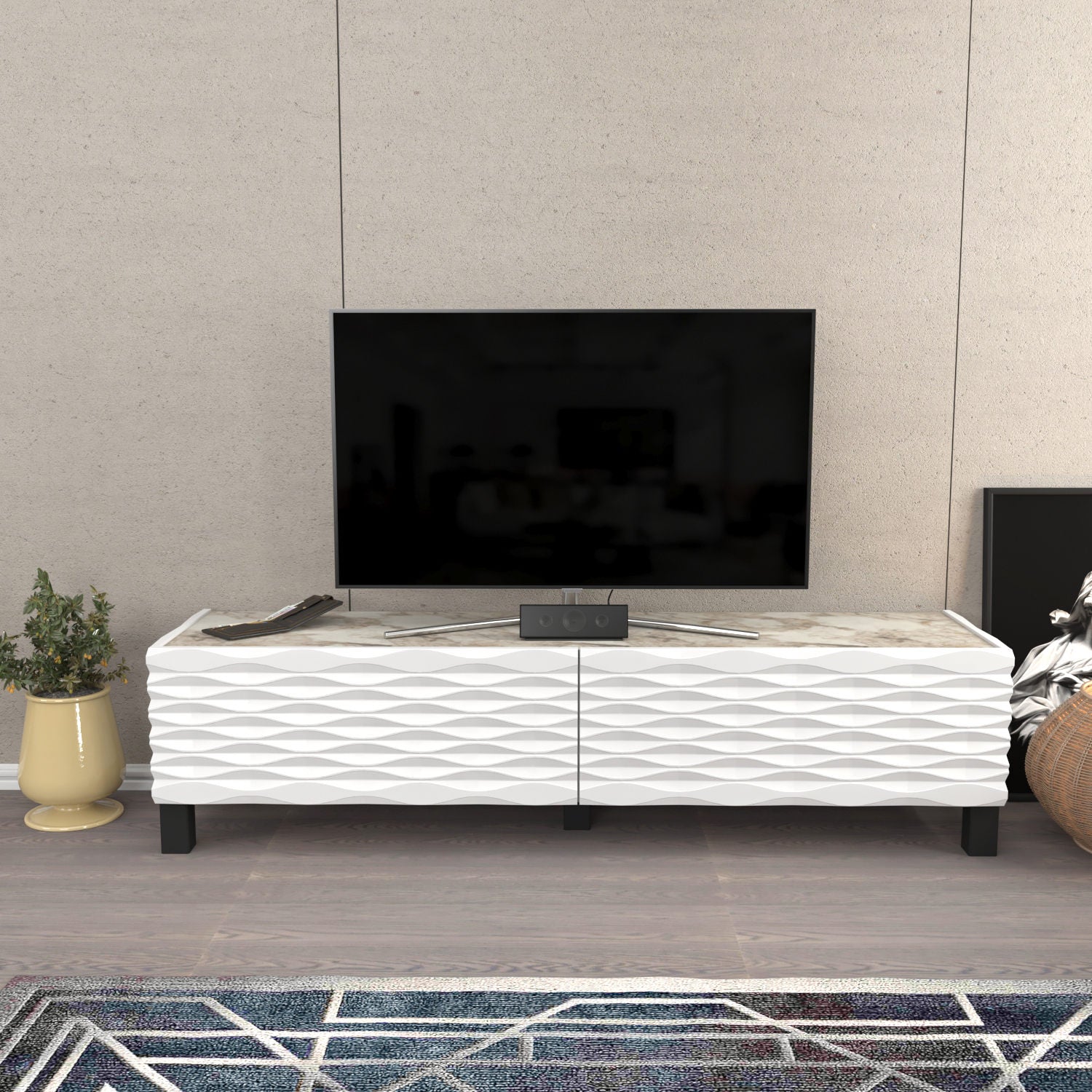Móvel de TV tradicional branco, 149,2 cm x 35 cm x 38 cm | Painel de partículas 100% revestido de melamina, 18 mm de espessura | Design elegante para salas de estar e espaços de entretenimento