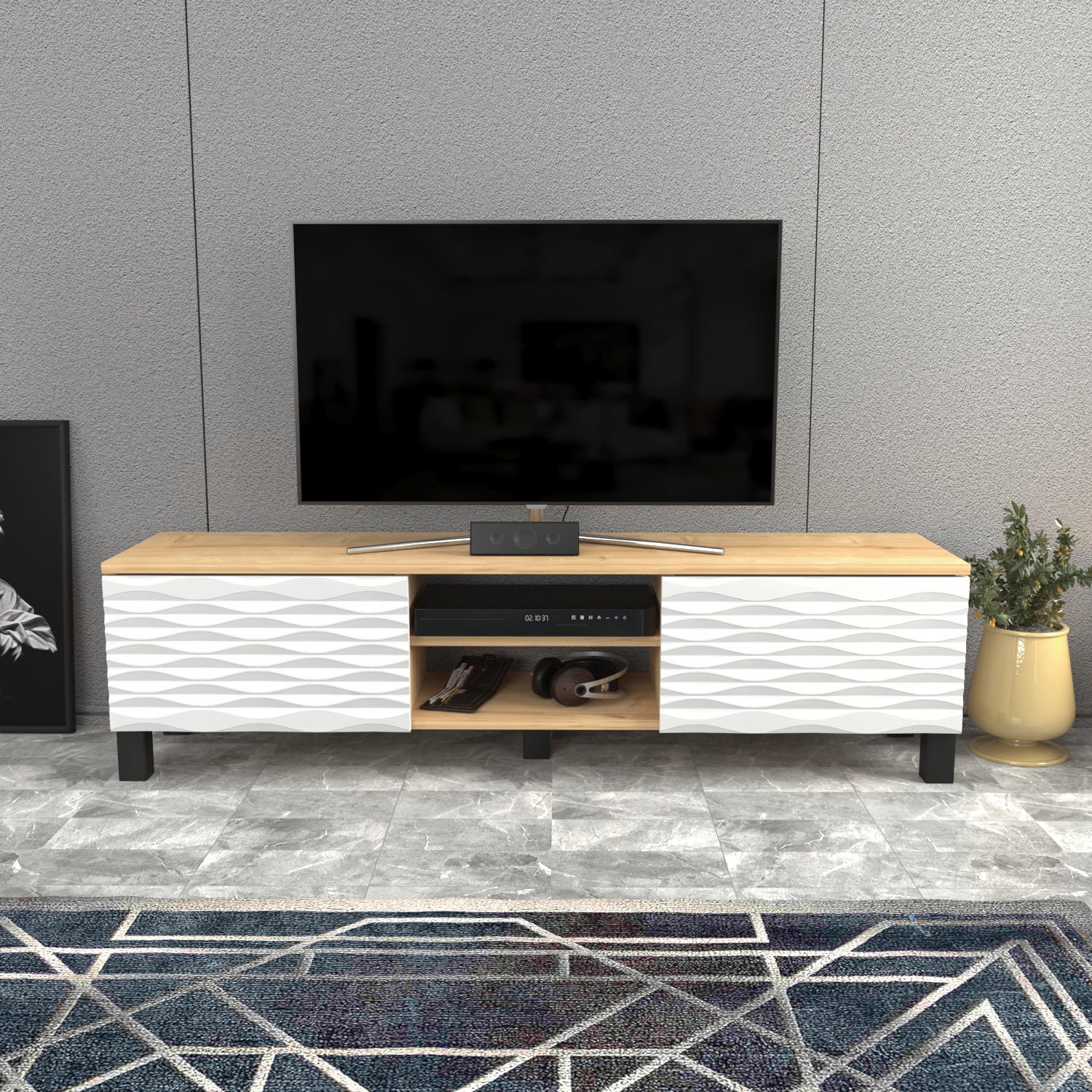 Móvel de TV tradicional, safira e branco, 150 cm x 35 cm x 40,3 cm | Painel de partículas 100% revestido de melamina, 18 mm de espessura | Design elegante e funcional para salas de estar