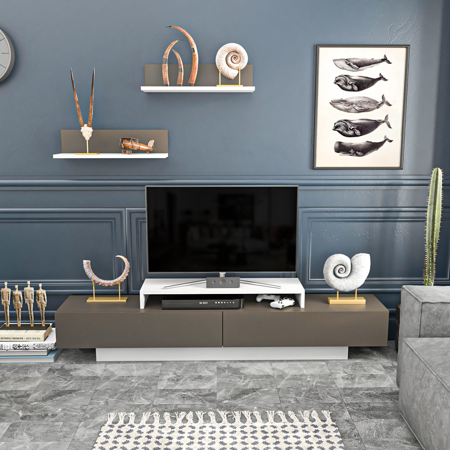 Móvel de TV escandinavo, branco e marrom, 180 x 31 x 40 cm | Painel de partículas 100% revestido em melamina, 18 mm de espessura | Inclui 2 prateleiras de parede, design elegante e funcional