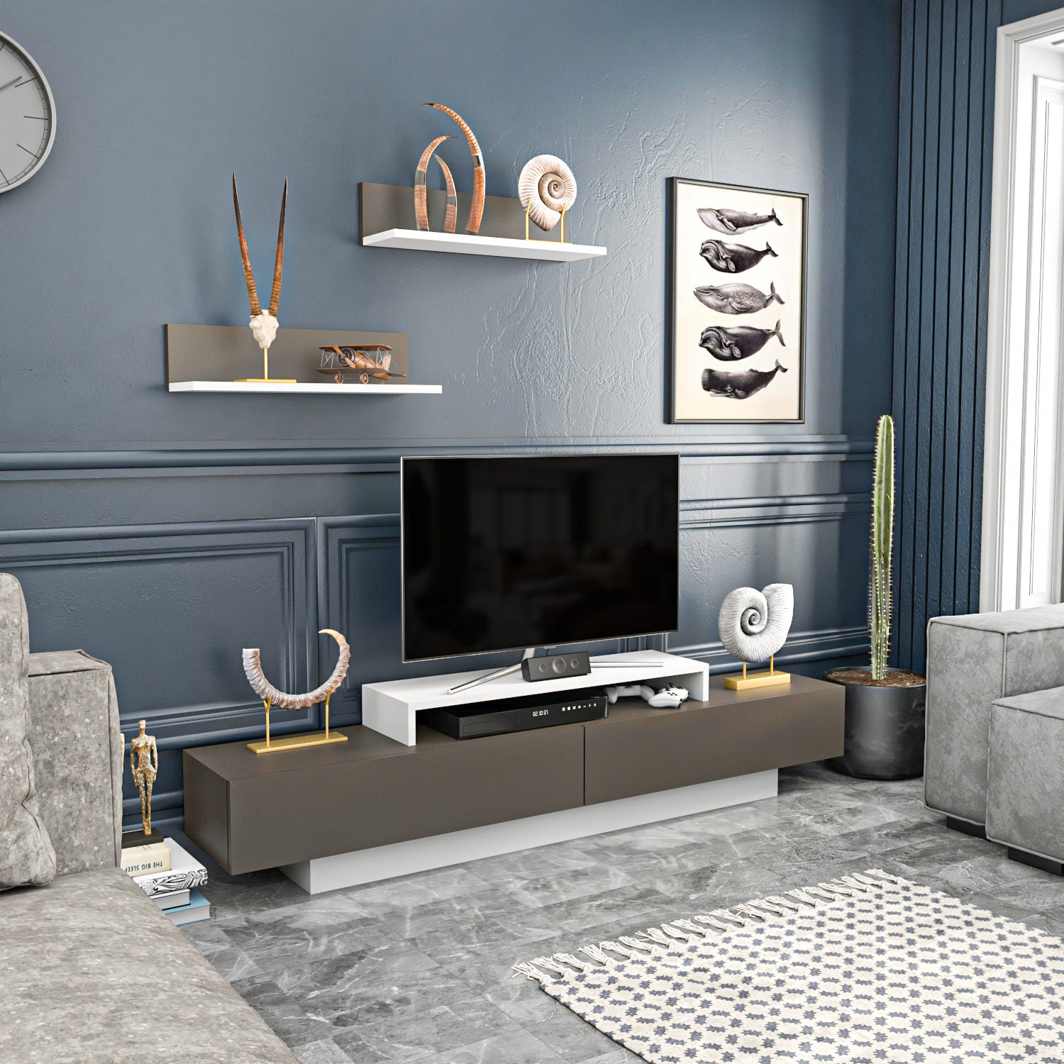 Móvel de TV escandinavo, branco e marrom, 180 x 31 x 40 cm | Painel de partículas 100% revestido em melamina, 18 mm de espessura | Inclui 2 prateleiras de parede, design elegante e funcional