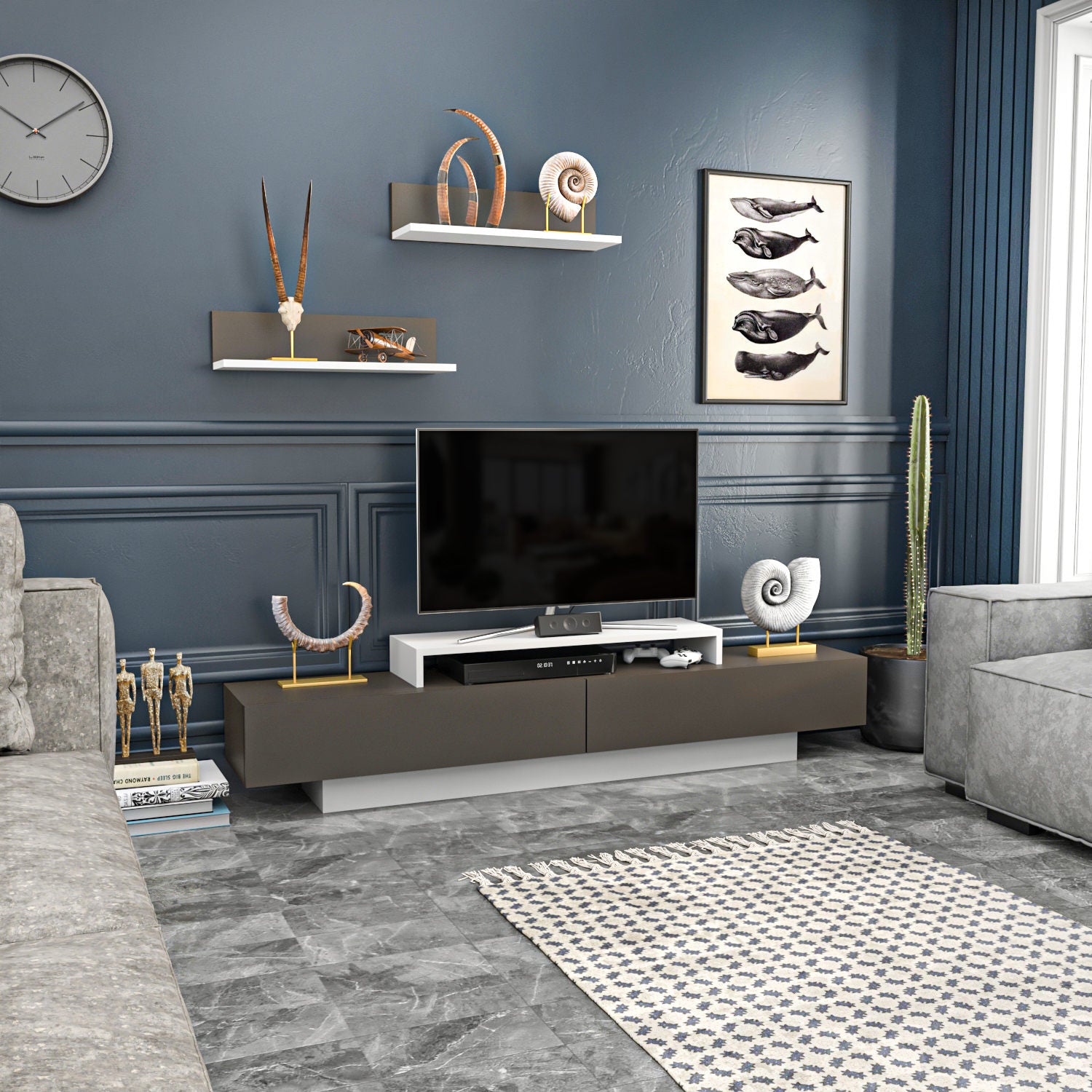 Móvel de TV escandinavo, branco e marrom, 180 x 31 x 40 cm | Painel de partículas 100% revestido em melamina, 18 mm de espessura | Inclui 2 prateleiras de parede, design elegante e funcional