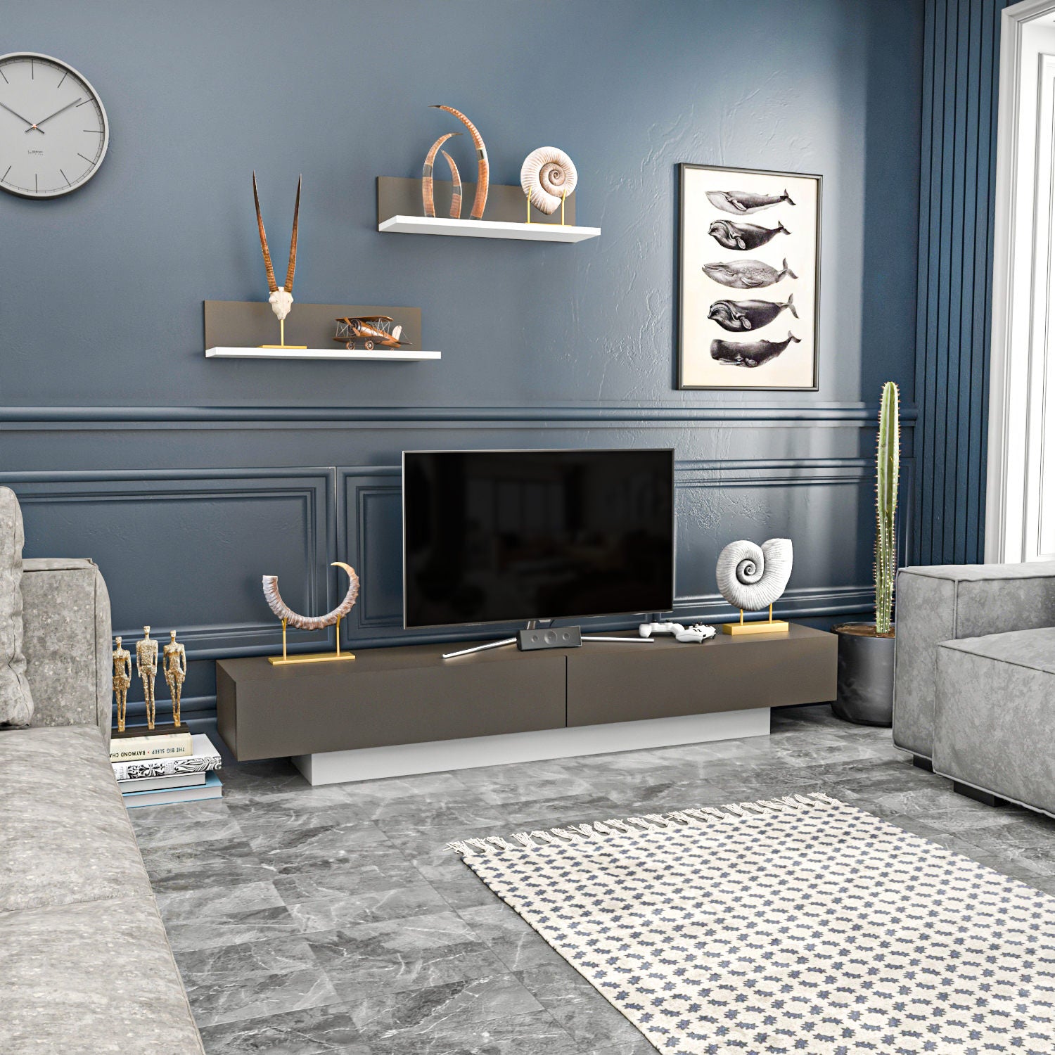 Móvel de TV escandinavo, branco e marrom, 180 x 31 x 40 cm | Painel de partículas 100% revestido em melamina, 18 mm de espessura | Inclui 2 prateleiras de parede, design elegante e funcional