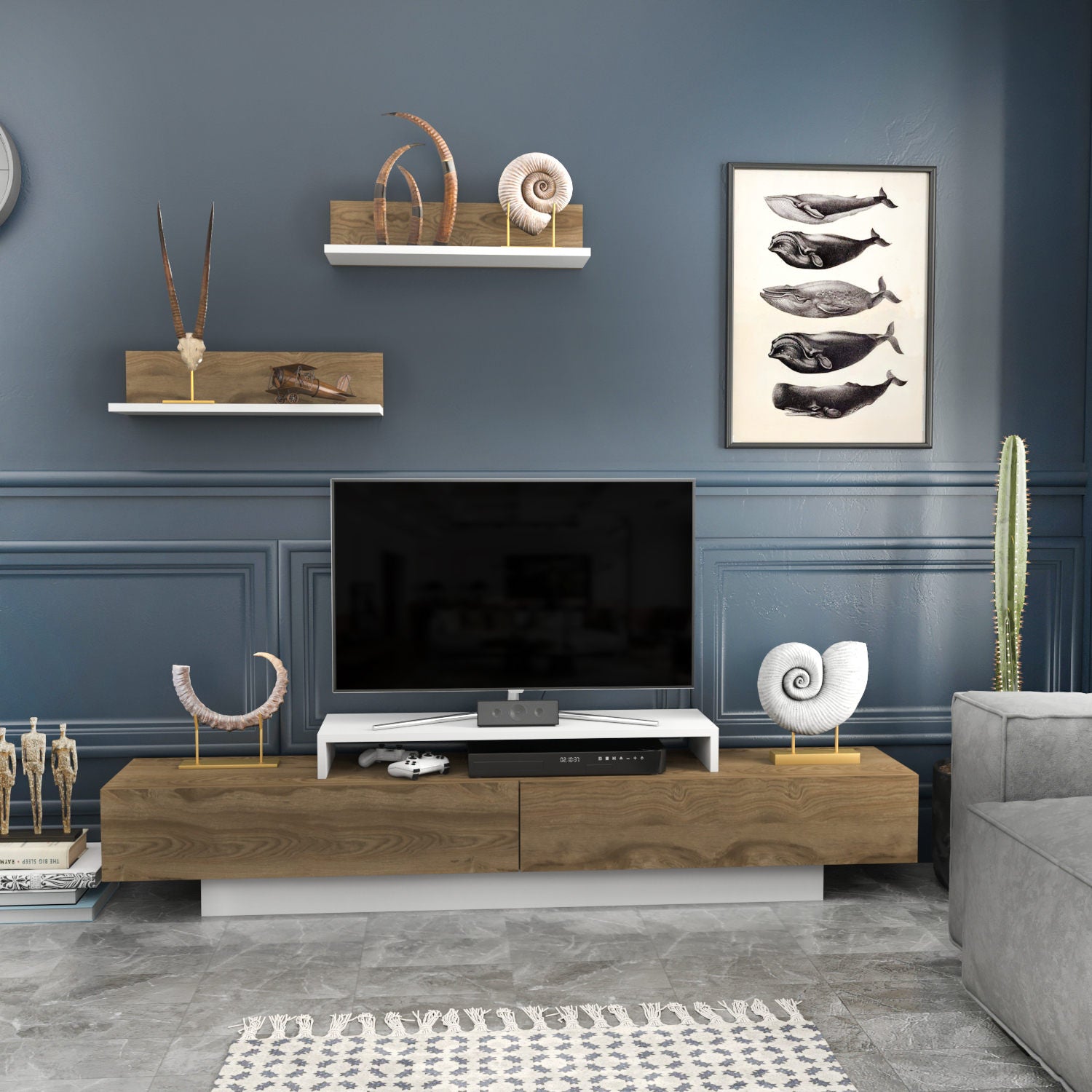 Móvel de TV escandinavo, carvalho branco e carvalho, 180 x 31 x 40 cm | Painel de partículas 100% revestido em melamina, 18 mm de espessura | Design elegante e funcional para salas de estar modernas