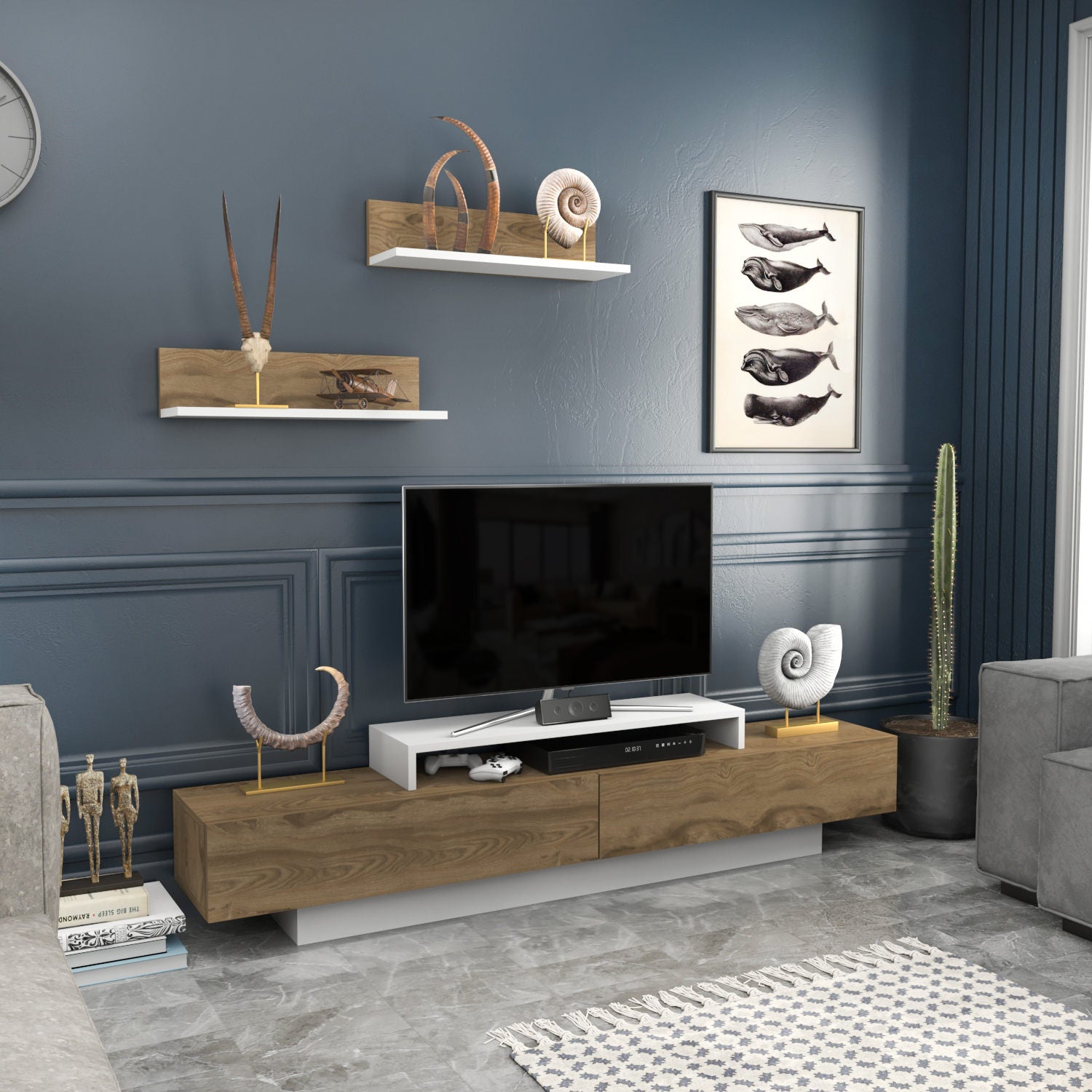 Móvel de TV escandinavo, carvalho branco e carvalho, 180 x 31 x 40 cm | Painel de partículas 100% revestido em melamina, 18 mm de espessura | Design elegante e funcional para salas de estar modernas