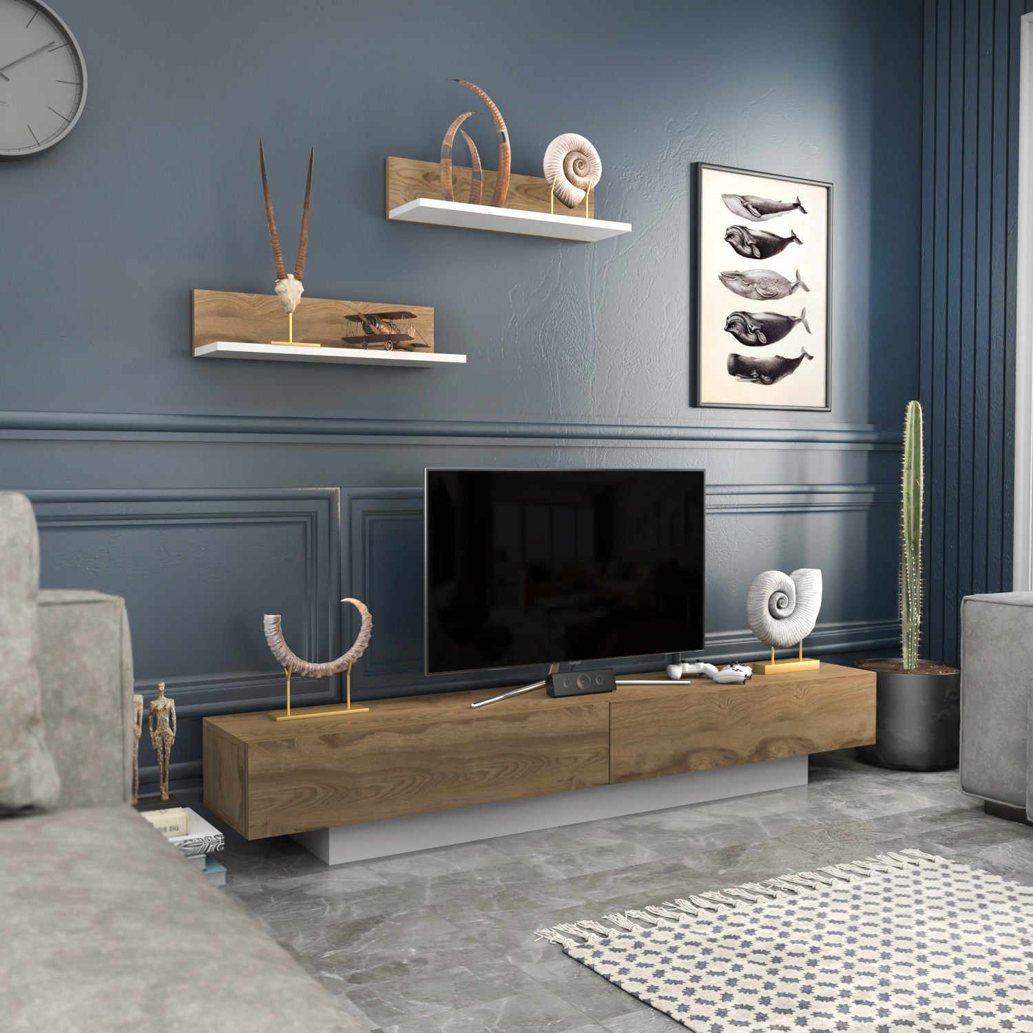 Móvel de TV escandinavo, carvalho branco e carvalho, 180 x 31 x 40 cm | Painel de partículas 100% revestido em melamina, 18 mm de espessura | Design elegante e funcional para salas de estar modernas
