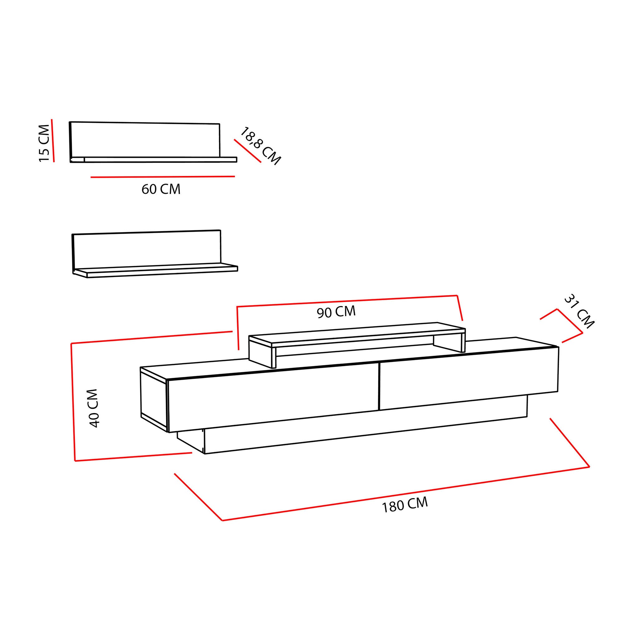 Móvel de TV escandinavo, carvalho branco e carvalho, 180 x 31 x 40 cm | Painel de partículas 100% revestido em melamina, 18 mm de espessura | Design elegante e funcional para salas de estar modernas