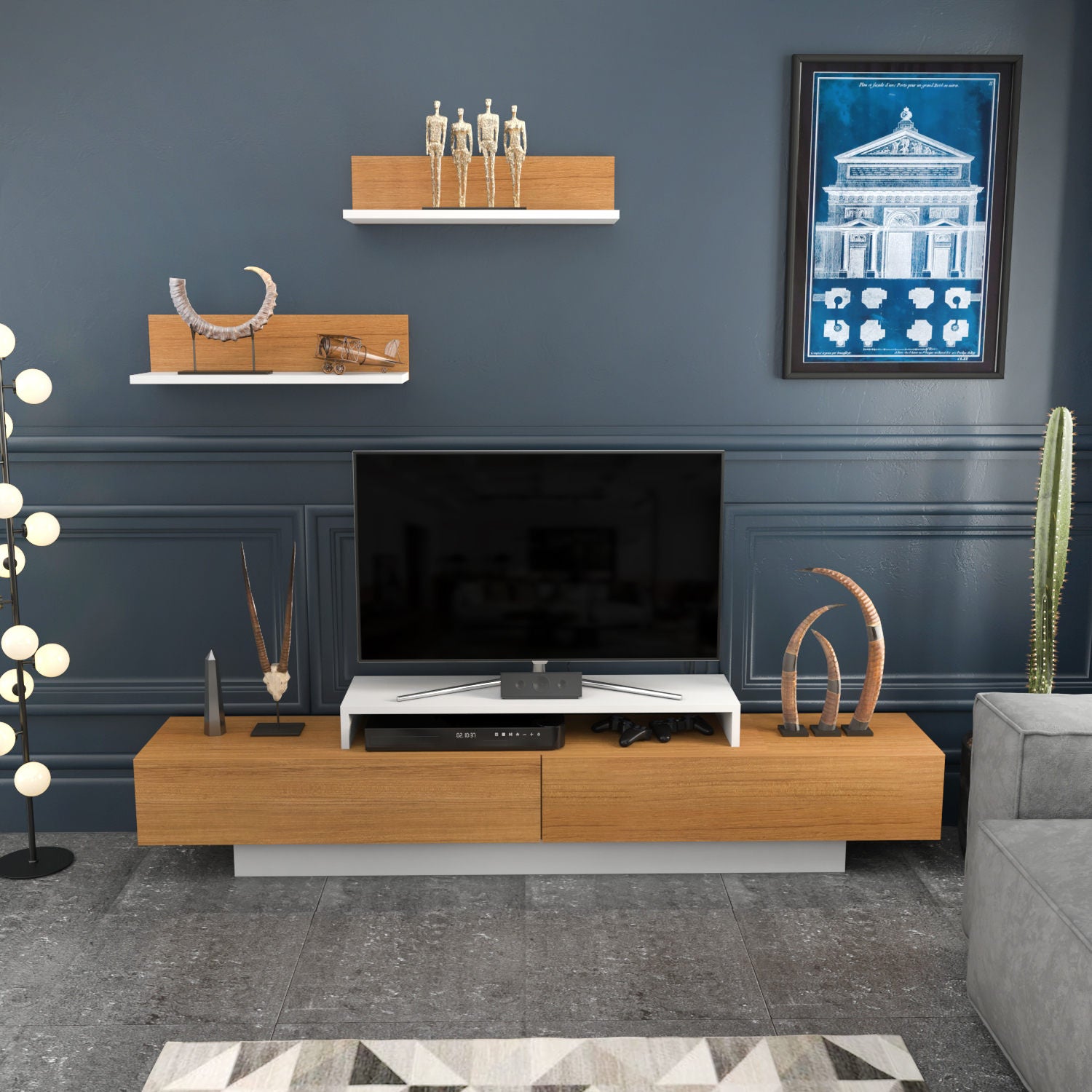 Móvel de TV escandinavo, branco e teca, 180 x 31 x 40 cm | Painel de partículas 100% revestido em melamina, 18 mm de espessura | Inclui 2 prateleiras de parede, design elegante e funcional