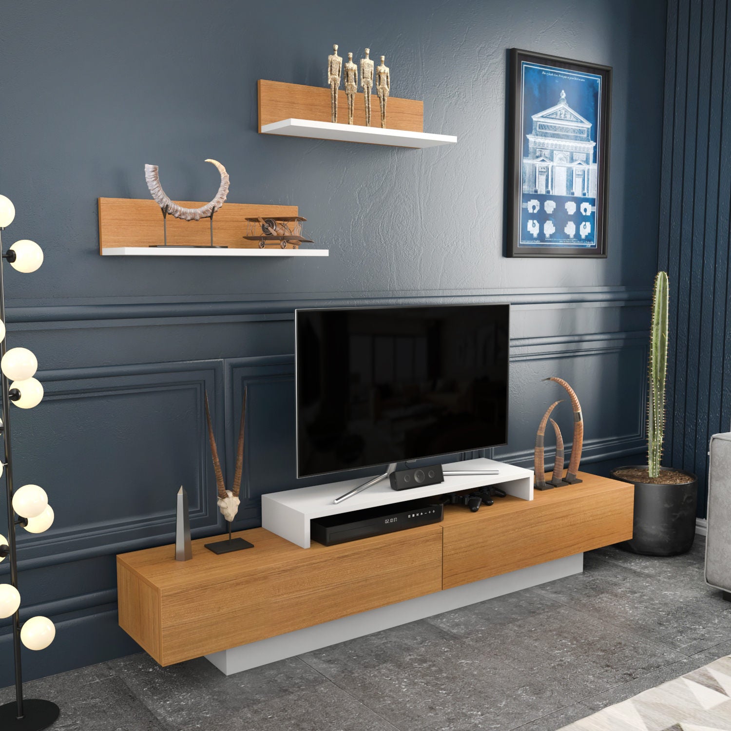 Móvel de TV escandinavo, branco e teca, 180 x 31 x 40 cm | Painel de partículas 100% revestido em melamina, 18 mm de espessura | Inclui 2 prateleiras de parede, design elegante e funcional