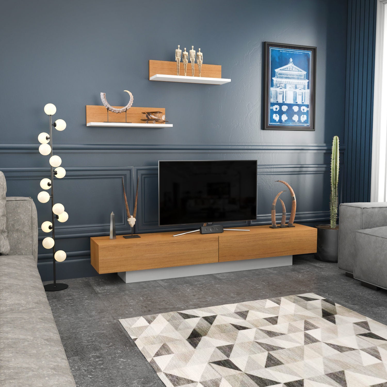 Móvel de TV escandinavo, branco e teca, 180 x 31 x 40 cm | Painel de partículas 100% revestido em melamina, 18 mm de espessura | Inclui 2 prateleiras de parede, design elegante e funcional