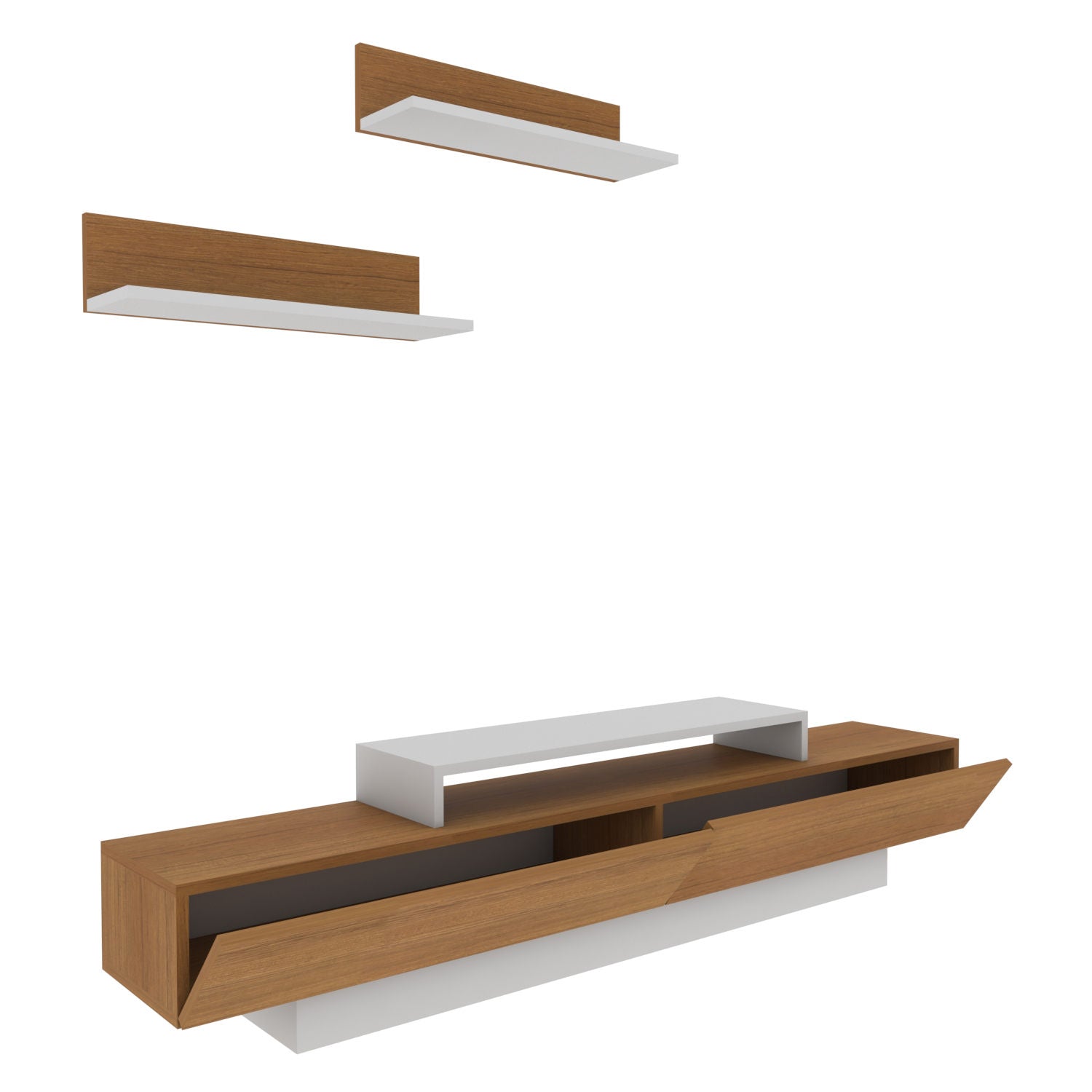 Móvel de TV escandinavo, branco e teca, 180 x 31 x 40 cm | Painel de partículas 100% revestido em melamina, 18 mm de espessura | Inclui 2 prateleiras de parede, design elegante e funcional