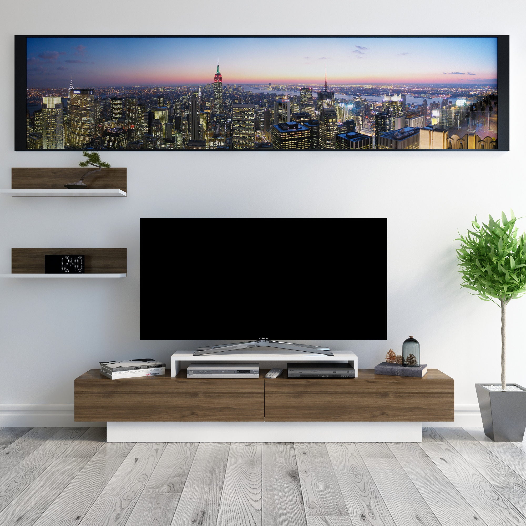 Móvel de TV escandinavo, branco e nogueira, 180 x 31 x 40 cm | Painel de partículas 100% revestido em melamina, 18 mm de espessura | Solução de armazenamento elegante e funcional para salas de estar modernas