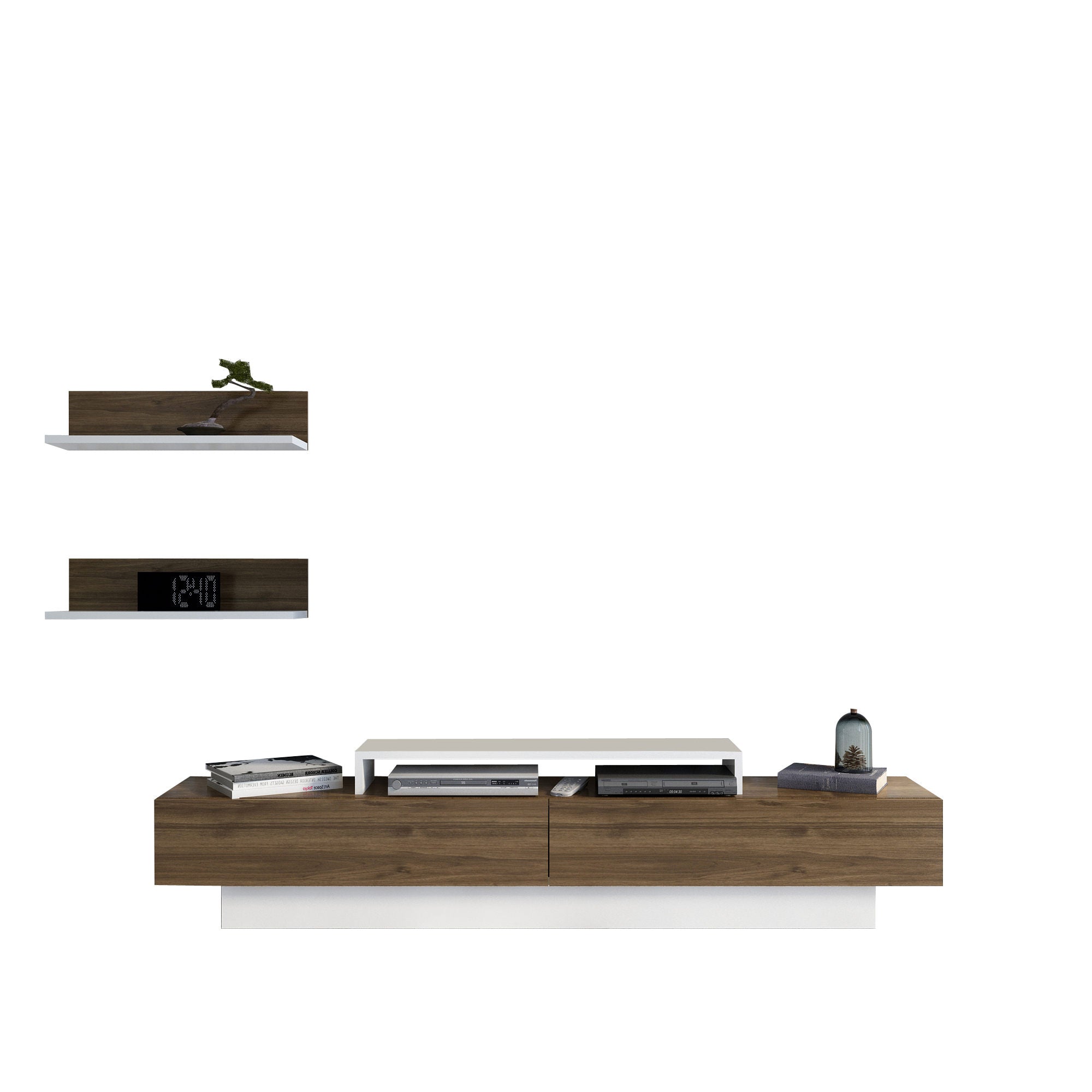 Móvel de TV escandinavo, branco e nogueira, 180 x 31 x 40 cm | Painel de partículas 100% revestido em melamina, 18 mm de espessura | Solução de armazenamento elegante e funcional para salas de estar modernas