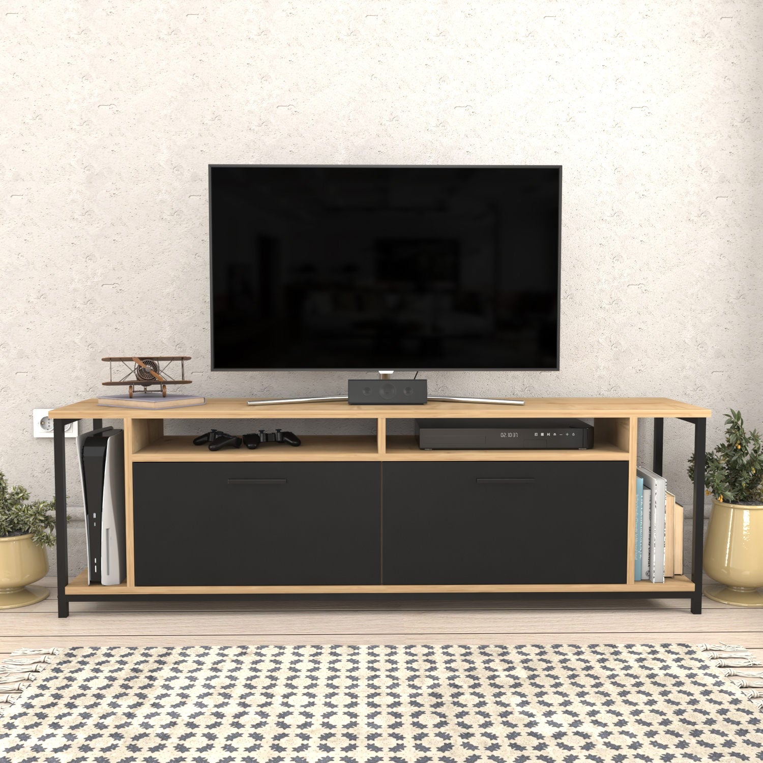 Móvel de TV industrial, carvalho e preto, 160 x 35 x 50,8 cm | Painel de partículas 100% revestido de melamina, 18 mm de espessura | Elegante e funcional para salas de estar modernas