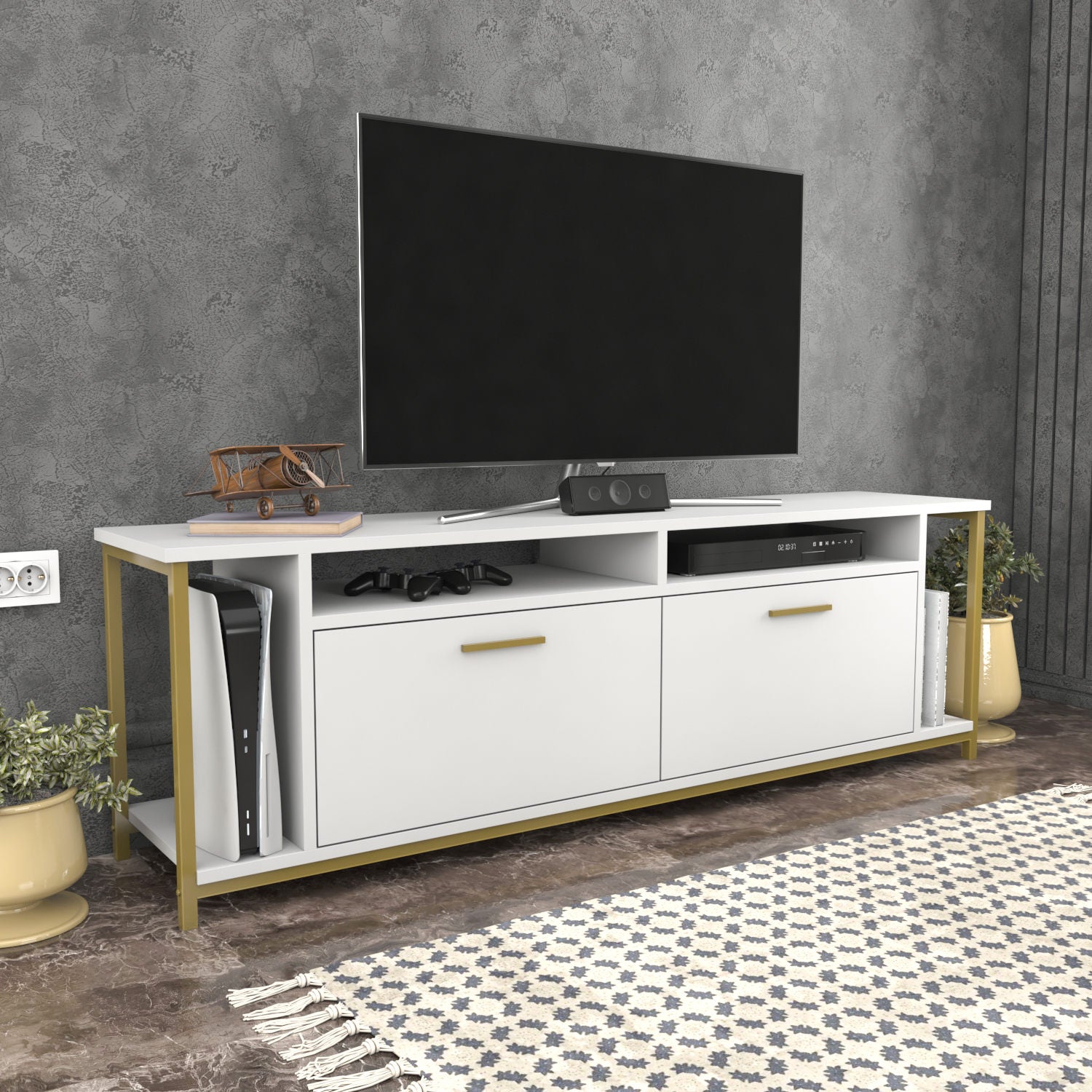 Móvel de TV elegante, branco e dourado, 160 cm x 35 cm x 50,8 cm | Painel de partículas 100% revestido de melamina, 18 mm de espessura | Elegante e funcional para salas de estar modernas