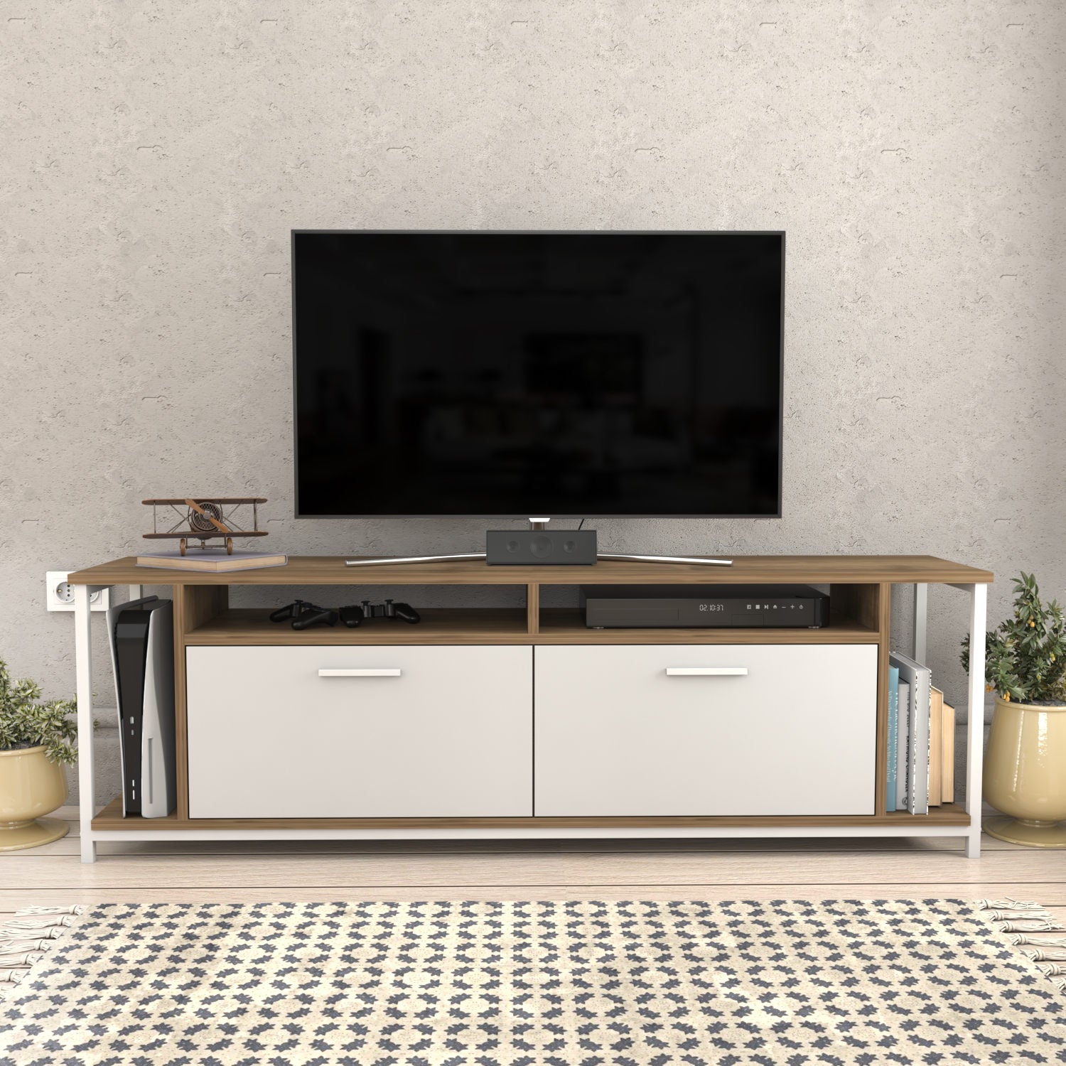 Móvel de TV elegante, 160 cm de largura, branco e nogueira, 100% aglomerado revestido em melamina, 18 mm de espessura | Design moderno para salas de estar e espaços de entretenimento