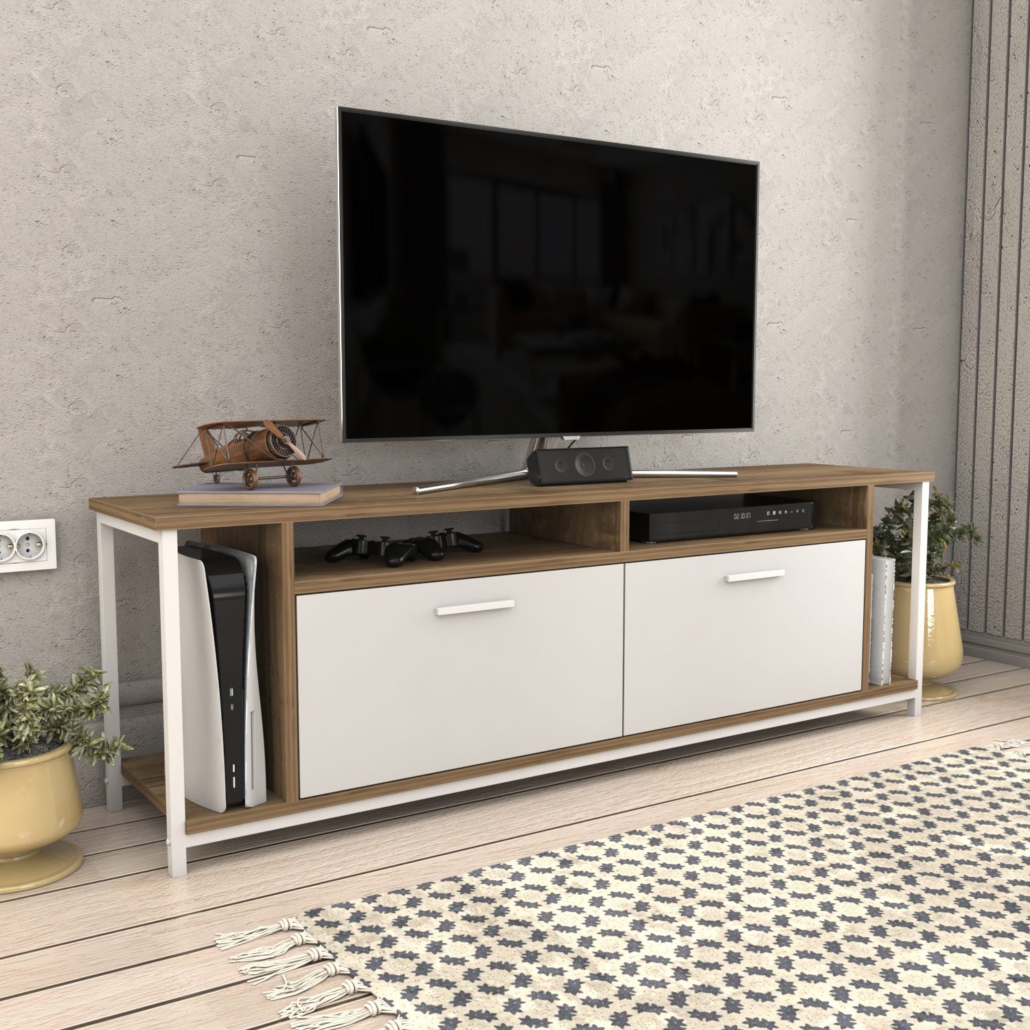 Móvel de TV elegante, 160 cm de largura, branco e nogueira, 100% aglomerado revestido em melamina, 18 mm de espessura | Design moderno para salas de estar e espaços de entretenimento