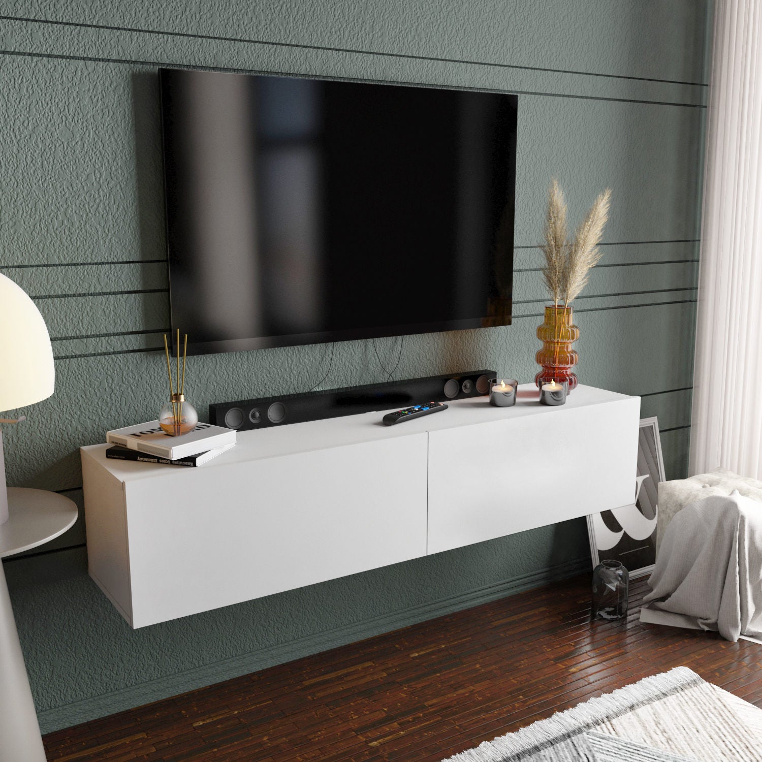 Móvel de TV escandinavo, branco, 159,7 x 36,8 x 34,1 cm | Painel de partículas 100% revestido de melamina, 18 mm de espessura | Elegante e funcional para salas de estar modernas