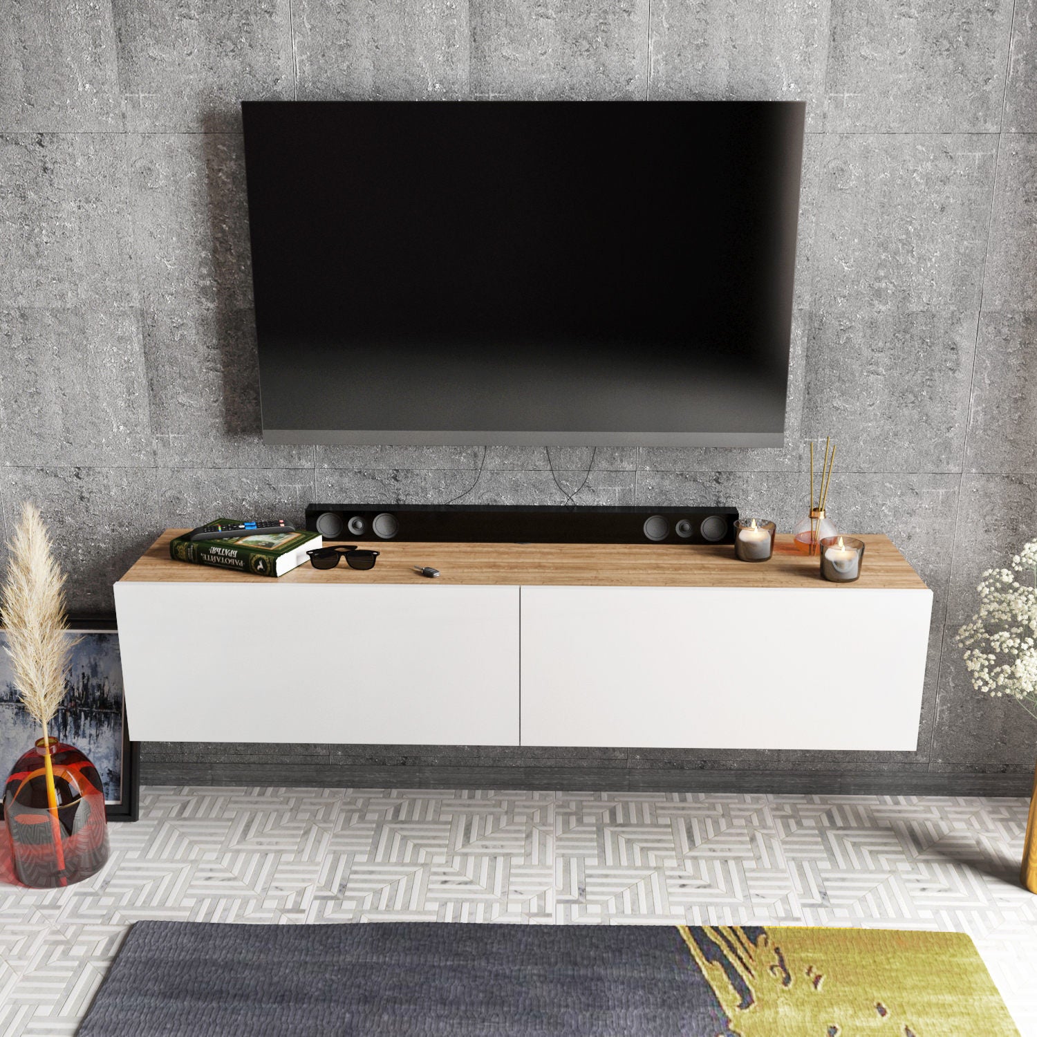 Móvel de TV escandinavo, branco e nogueira, 159,7 x 36,8 x 34,1 cm | Painel de partículas 100% revestido de melamina, 18 mm de espessura | Design elegante e funcional para salas de estar modernas