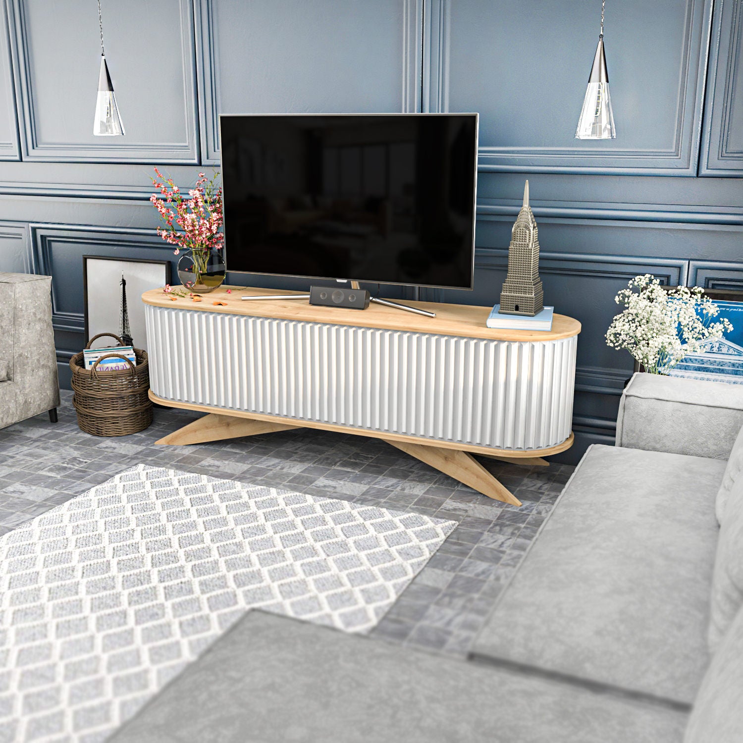 Móvel de TV moderno, safira e branco, 180 x 43 x 60 cm | Painel de partículas 100% revestido de melamina, 18 mm de espessura | Elegante e funcional para salas de estar