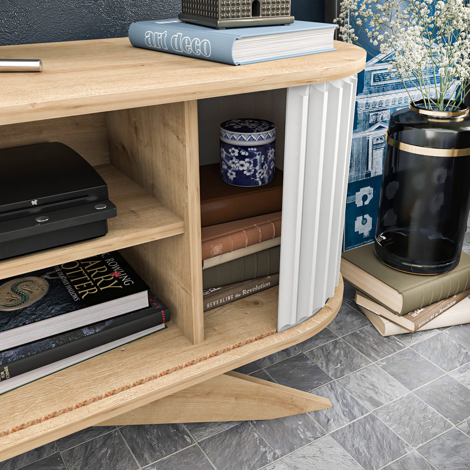 Móvel de TV moderno, safira e branco, 180 x 43 x 60 cm | Painel de partículas 100% revestido de melamina, 18 mm de espessura | Elegante e funcional para salas de estar