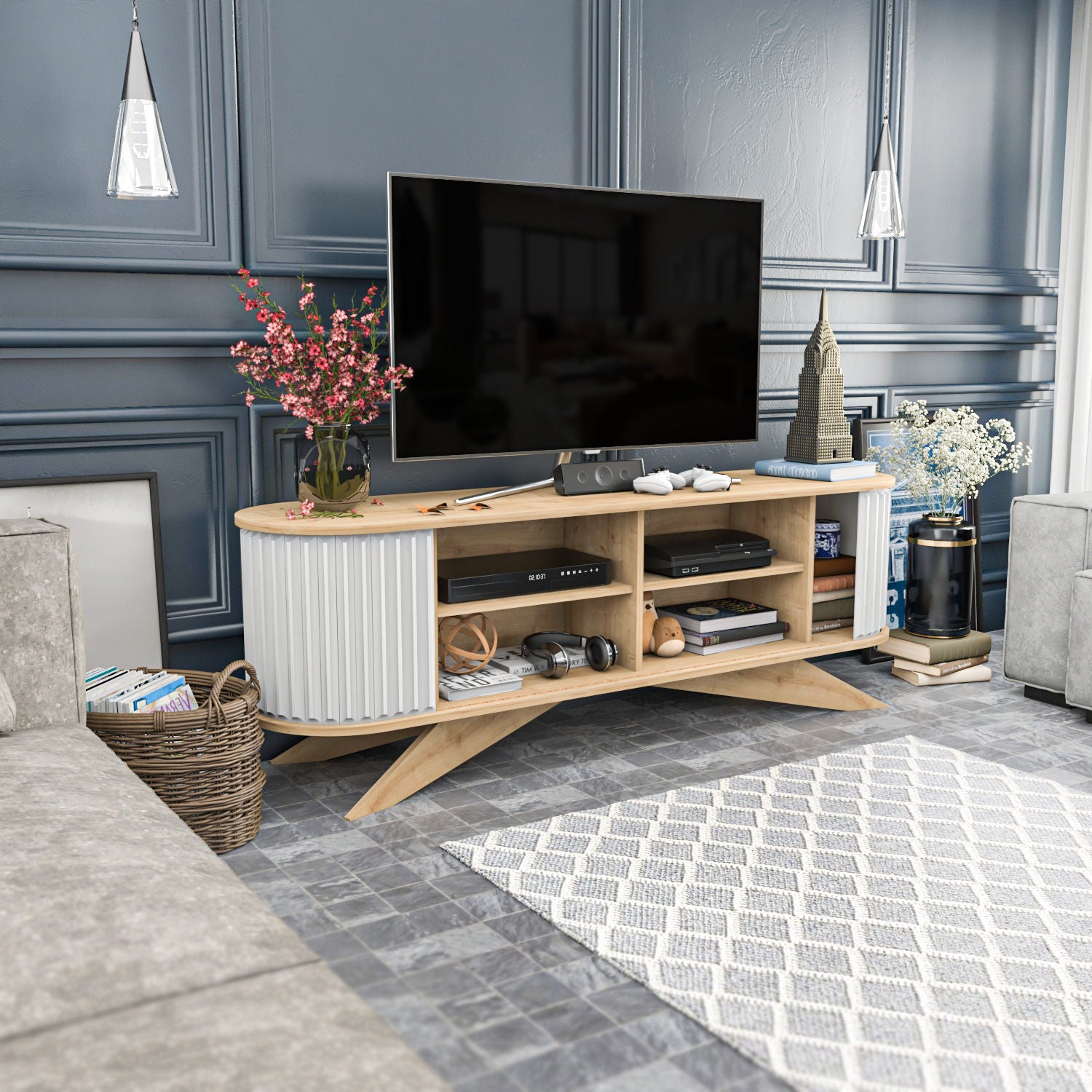 Móvel de TV moderno, safira e branco, 180 x 43 x 60 cm | Painel de partículas 100% revestido de melamina, 18 mm de espessura | Elegante e funcional para salas de estar