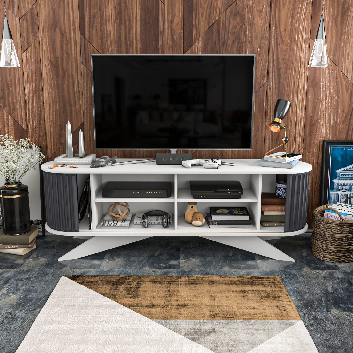 Móvel de TV moderno, antracite e branco, 180 x 43 x 60 cm | Painel de partículas 100% revestido em melamina, 18 mm de espessura | Elegante e funcional para salas de estar