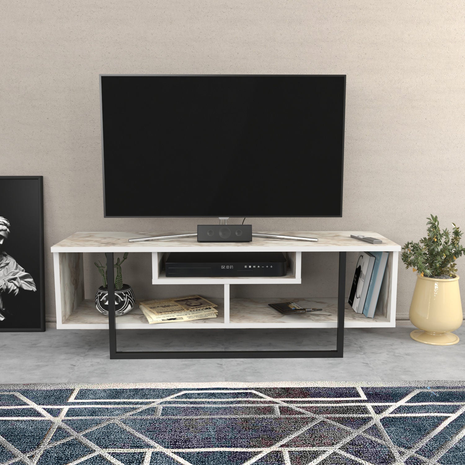 Móvel de TV elegante, 120 cm, branco e preto, 100% aglomerado revestido em melamina, 18 mm de espessura | Design moderno para salas de estar e espaços de entretenimento