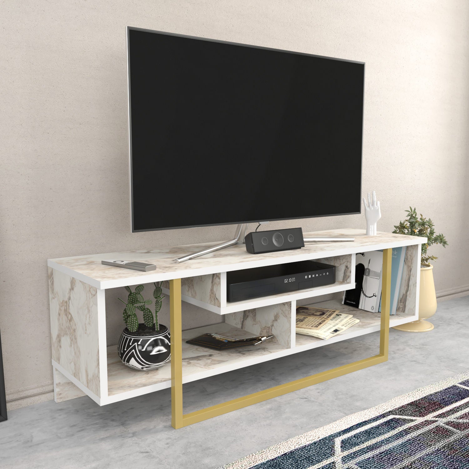 Móvel de TV Glamouroso, Branco e Dourado, 120 x 35,2 x 40,2 cm | Painel de partículas 100% revestido em melamina, 18 mm de espessura | Elegante e funcional para salas de estar modernas