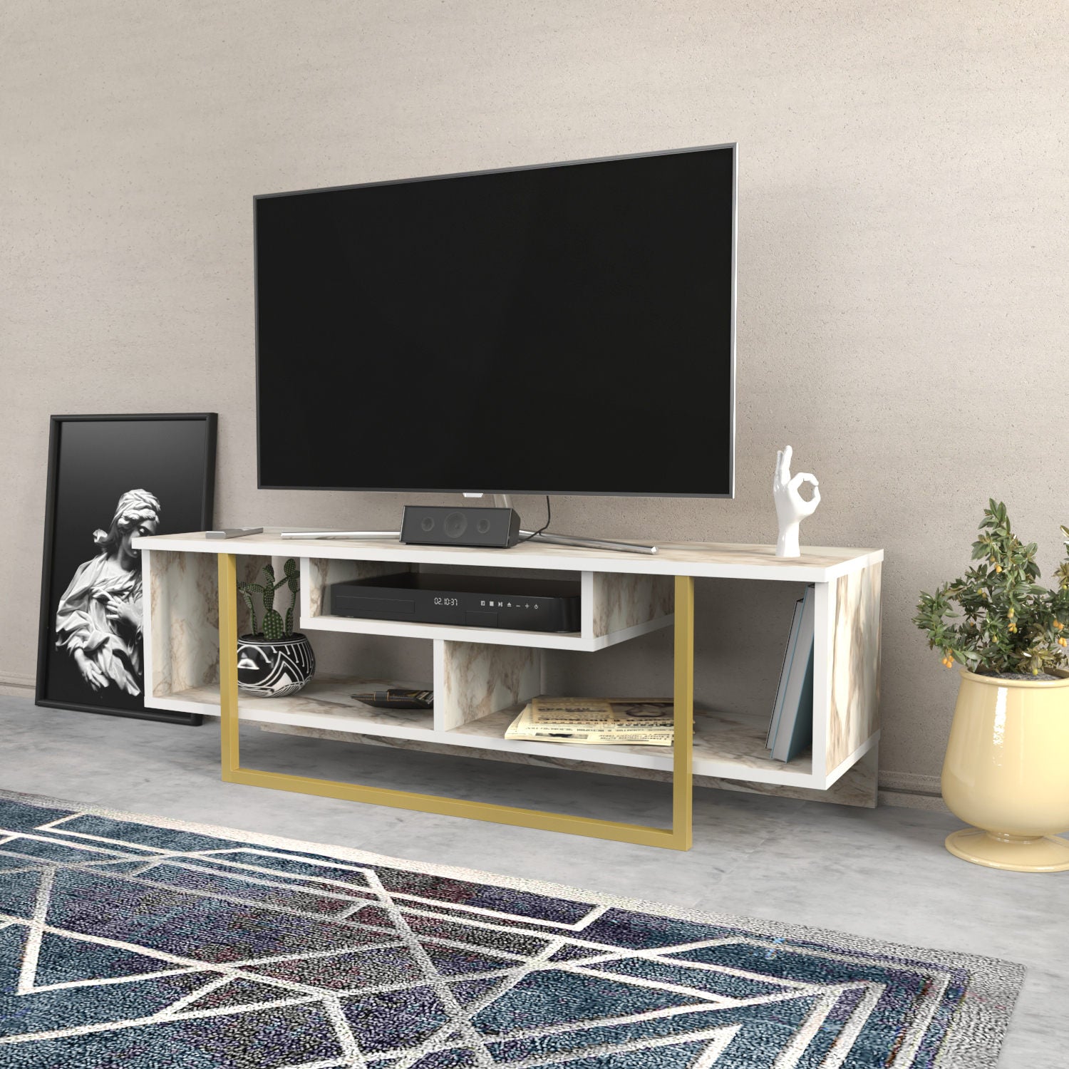 Móvel de TV Glamouroso, Branco e Dourado, 120 x 35,2 x 40,2 cm | Painel de partículas 100% revestido em melamina, 18 mm de espessura | Elegante e funcional para salas de estar modernas