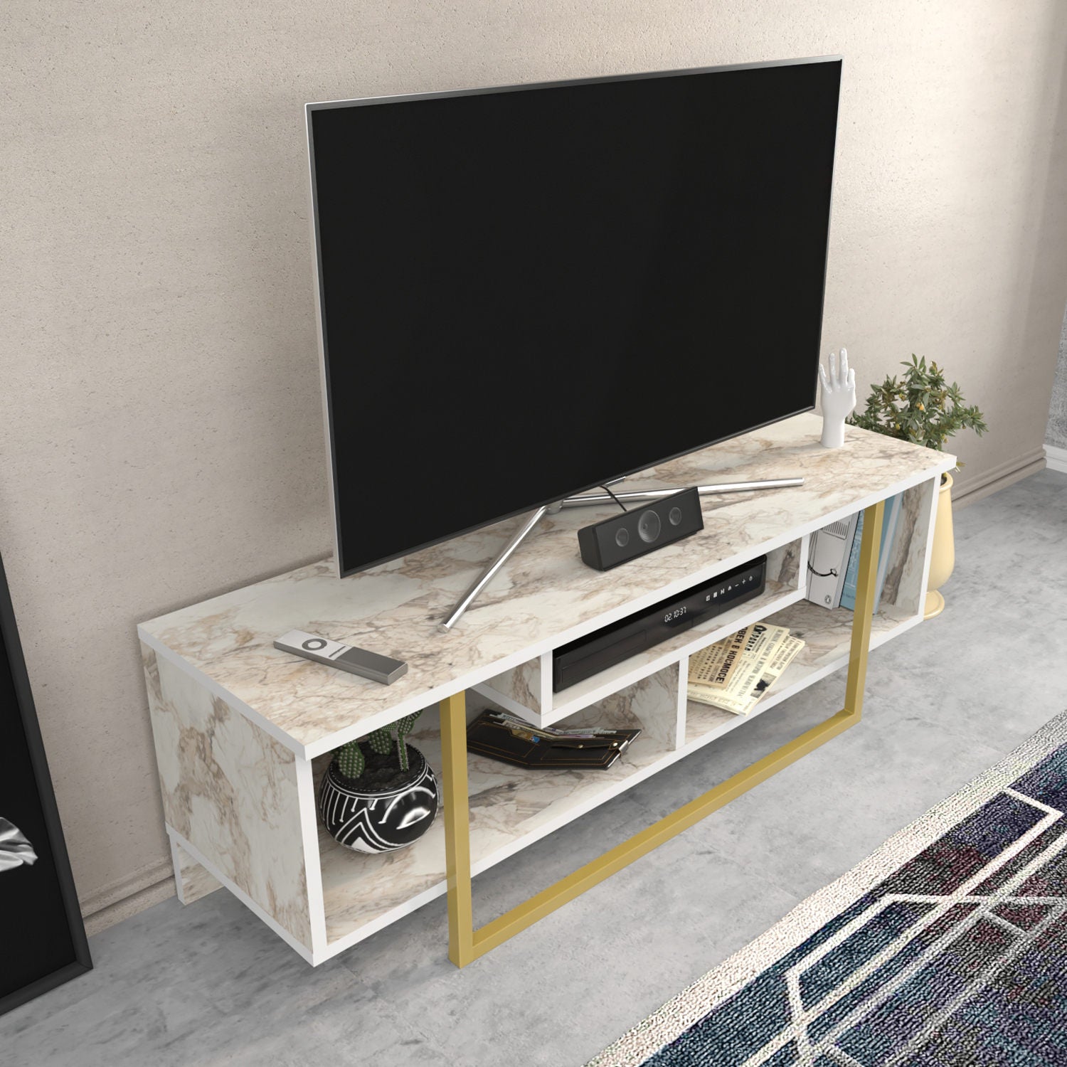 Móvel de TV Glamouroso, Branco e Dourado, 120 x 35,2 x 40,2 cm | Painel de partículas 100% revestido em melamina, 18 mm de espessura | Elegante e funcional para salas de estar modernas