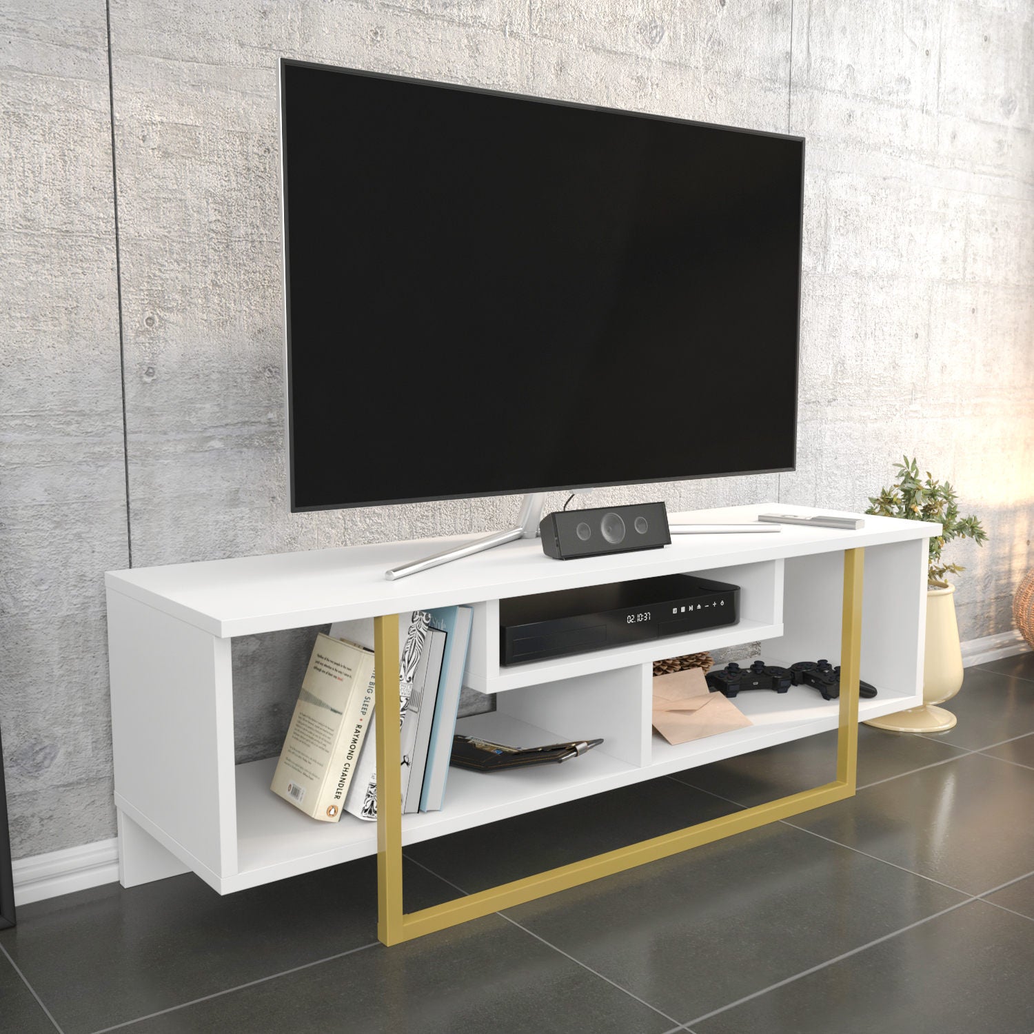Móvel de TV Glamouroso, Dourado e Branco, 120 x 35,2 x 40,2 cm | Painel de partículas 100% revestido em melamina, 18 mm de espessura | Elegante e funcional para salas de estar modernas