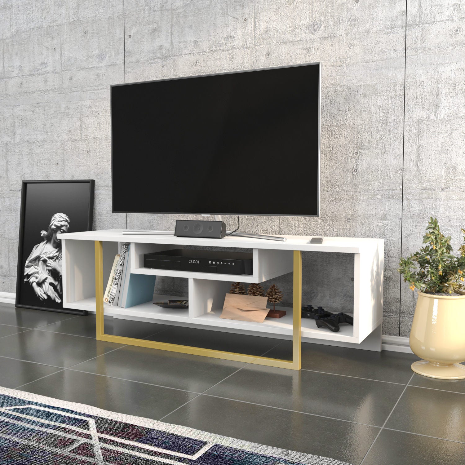 Móvel de TV Glamouroso, Dourado e Branco, 120 x 35,2 x 40,2 cm | Painel de partículas 100% revestido em melamina, 18 mm de espessura | Elegante e funcional para salas de estar modernas