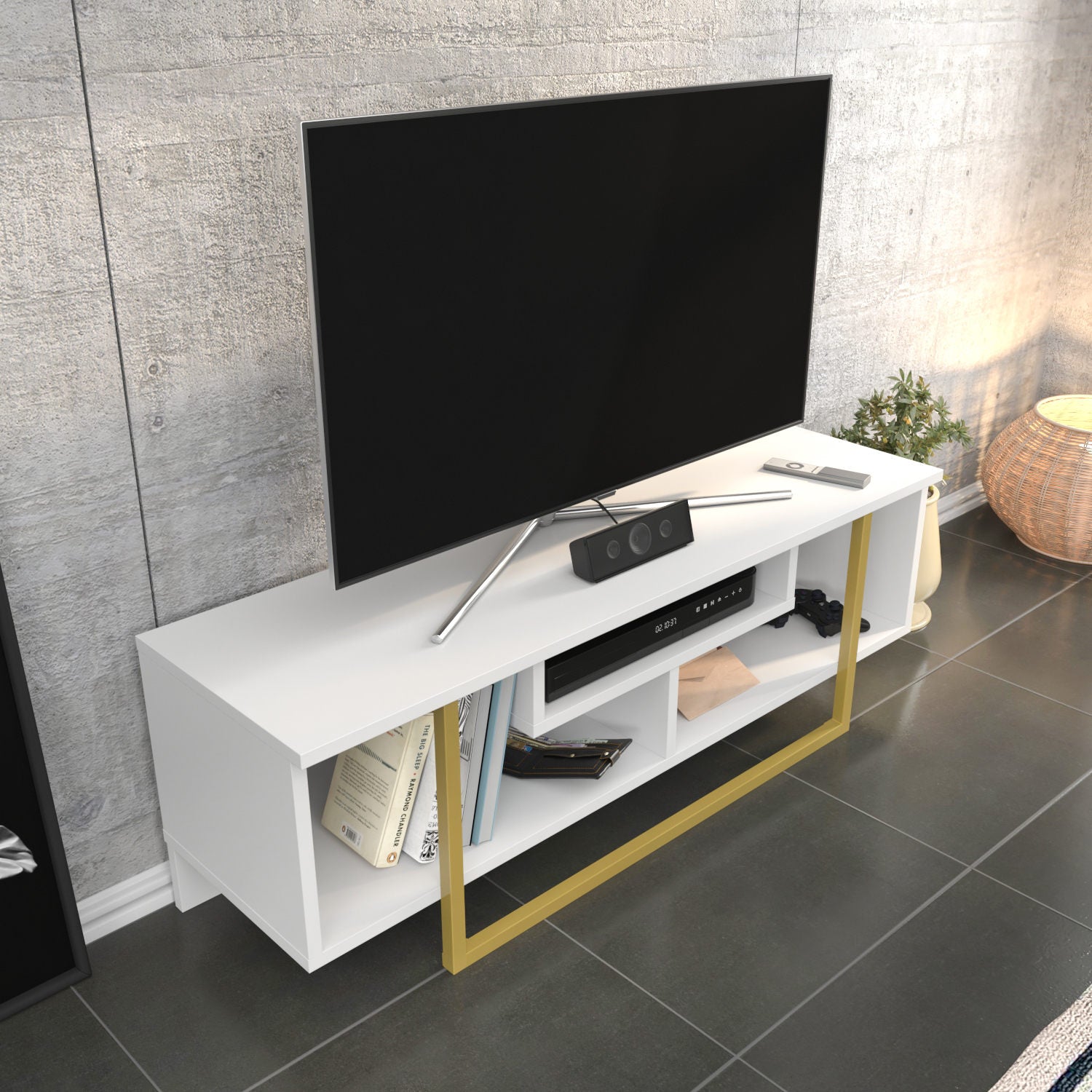 Móvel de TV Glamouroso, Dourado e Branco, 120 x 35,2 x 40,2 cm | Painel de partículas 100% revestido em melamina, 18 mm de espessura | Elegante e funcional para salas de estar modernas