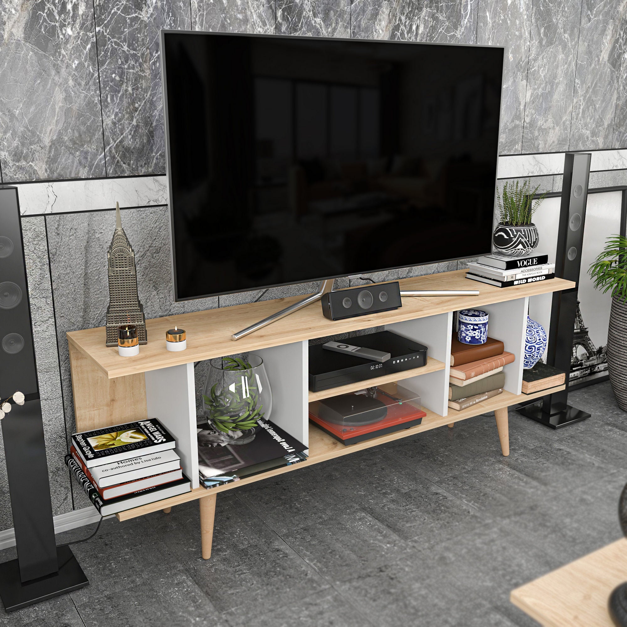 Móvel de TV elegante, safira e branco, 160 x 35 x 38,6 cm | Painel de partículas 100% revestido de melamina, 18 mm de espessura | Design moderno para salas de estar e espaços de entretenimento