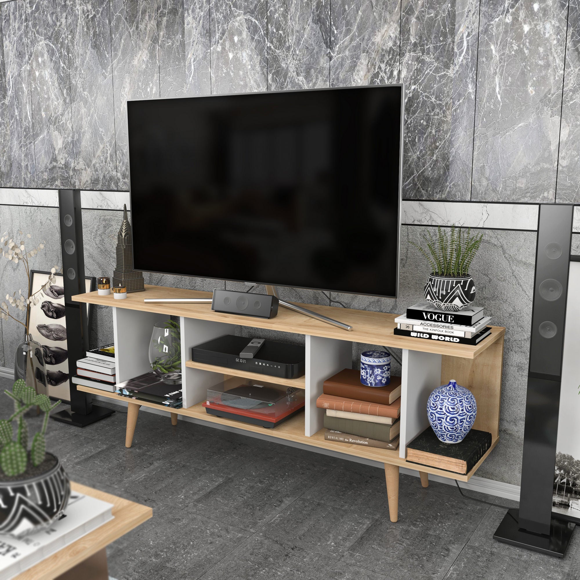 Móvel de TV elegante, safira e branco, 160 x 35 x 38,6 cm | Painel de partículas 100% revestido de melamina, 18 mm de espessura | Design moderno para salas de estar e espaços de entretenimento