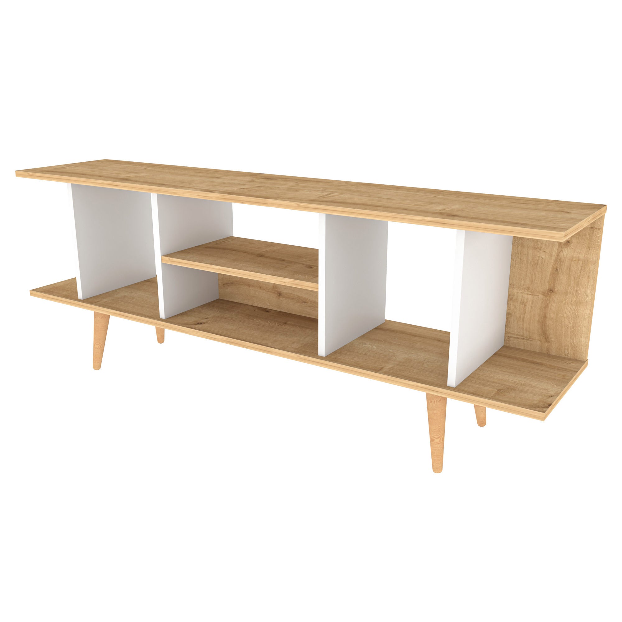 Móvel de TV elegante, safira e branco, 160 x 35 x 38,6 cm | Painel de partículas 100% revestido de melamina, 18 mm de espessura | Design moderno para salas de estar e espaços de entretenimento