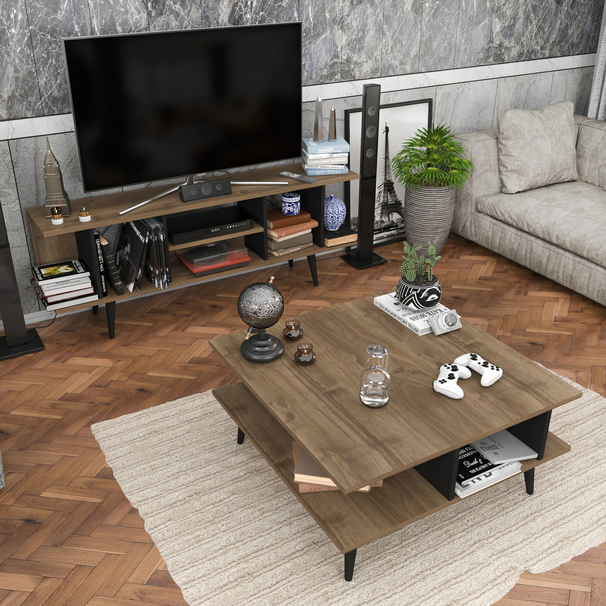 Móvel de TV elegante, nogueira e preto, 160 x 35 x 38,6 cm | Painel de partículas 100% revestido de melamina, 18 mm de espessura | Design moderno para salas de estar e espaços de entretenimento