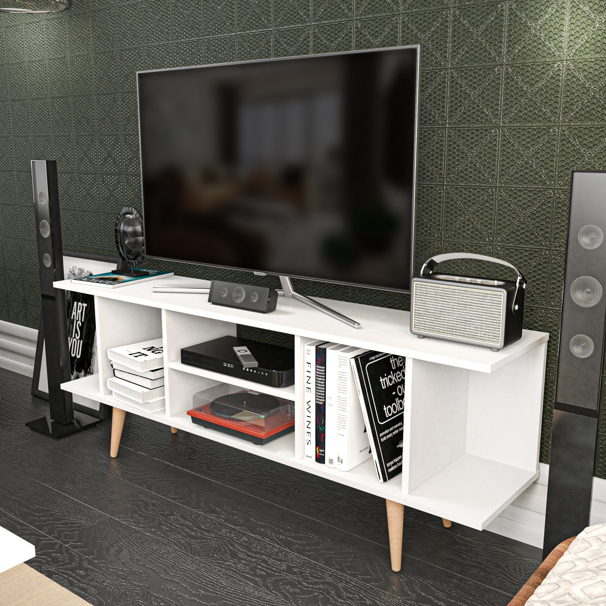 Móvel de TV moderno branco, 160 cm x 35 cm x 38,6 cm | Painel de partículas 100% revestido de melamina, 18 mm de espessura | Elegante e funcional para sala de estar