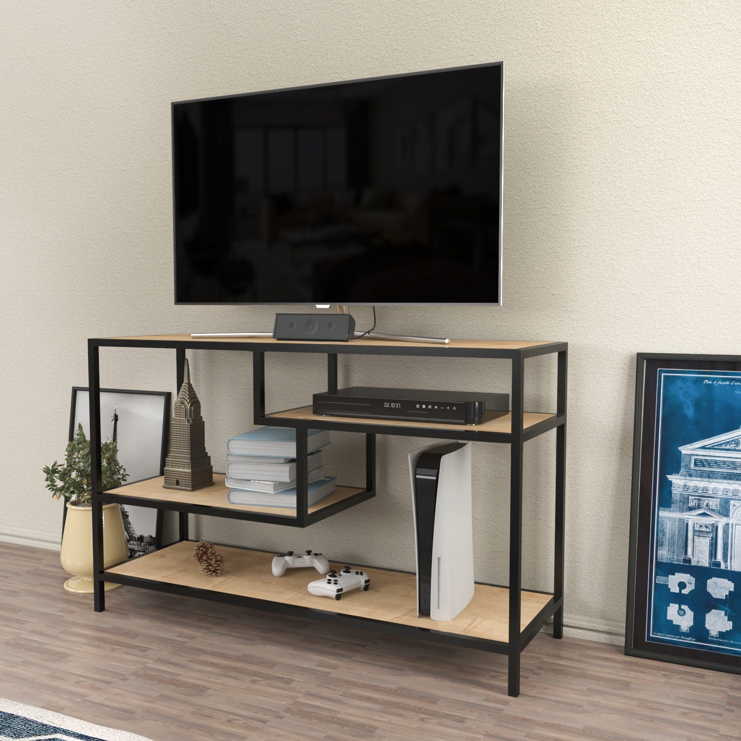 Móvel de TV industrial, carvalho e preto, 120 x 39 x 75 cm | Painel de partículas 100% revestido de melamina, 18 mm de espessura, estrutura de metal resistente | Design elegante e funcional