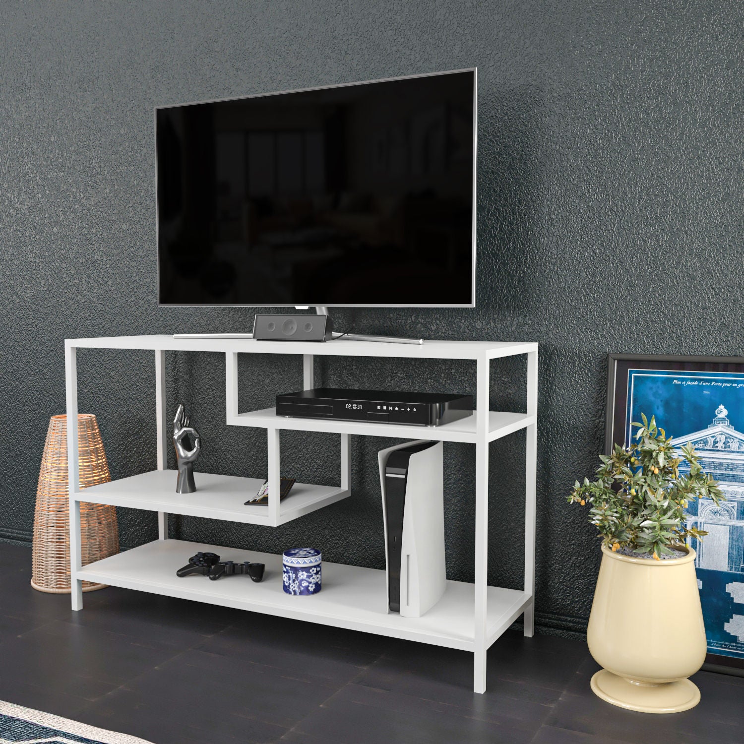 Móvel de TV escandinavo, branco, 120 x 39 x 75 cm | Painel de partículas 100% revestido em melamina, 18 mm de espessura, estrutura de metal resistente | Design elegante e funcional para salas de estar modernas