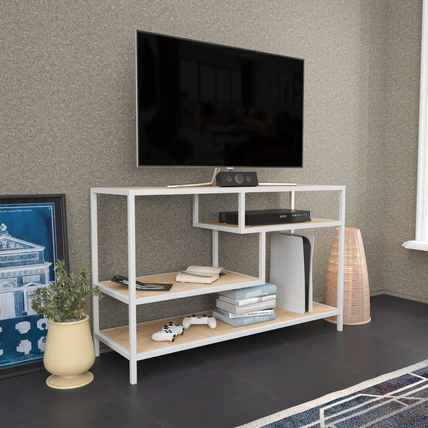 Móvel de TV escandinavo, branco e carvalho, 120 x 39 x 75 cm | Painel de partículas 100% revestido de melamina, 18 mm de espessura, estrutura de metal resistente | Design elegante e funcional
