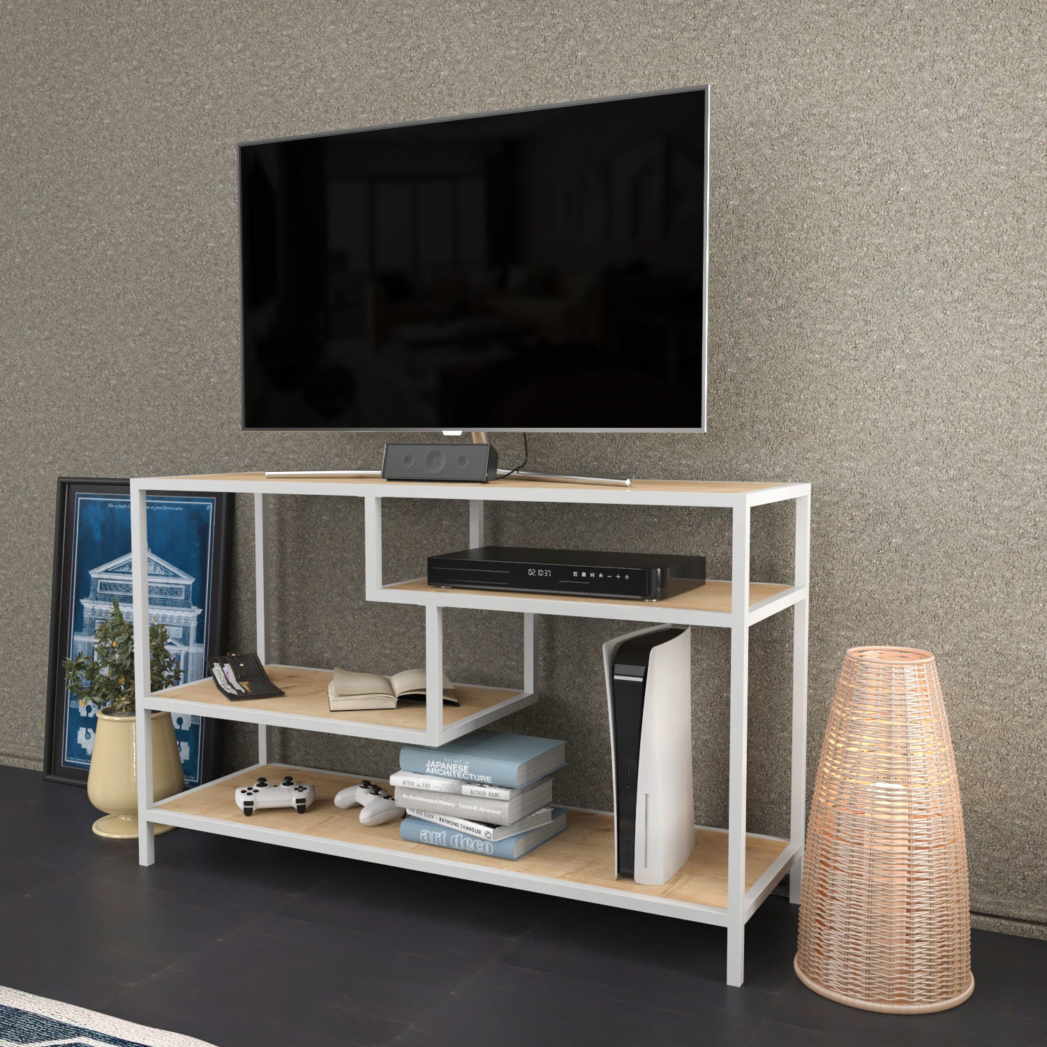 Móvel de TV escandinavo, branco e carvalho, 120 x 39 x 75 cm | Painel de partículas 100% revestido de melamina, 18 mm de espessura, estrutura de metal resistente | Design elegante e funcional