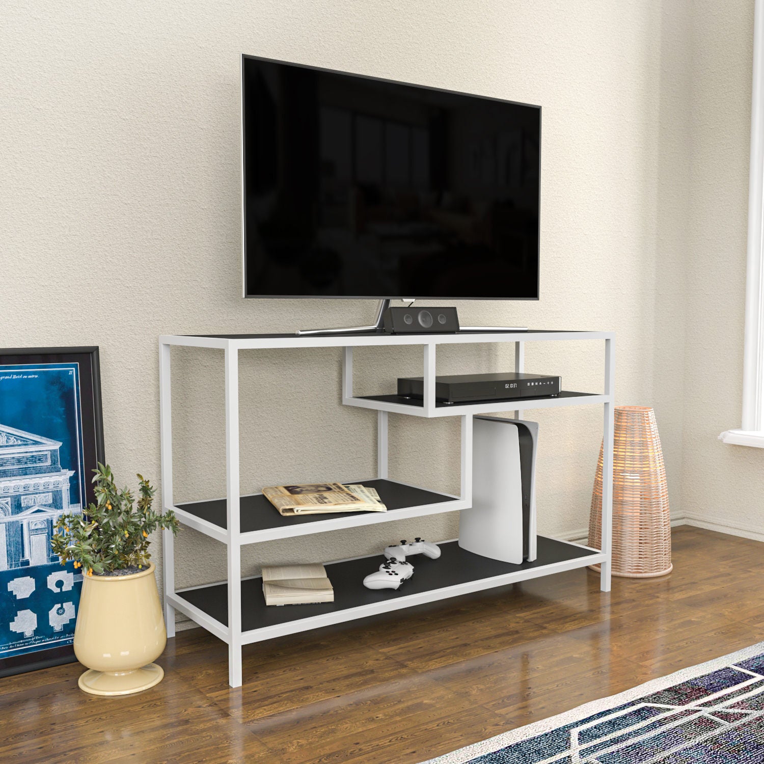 Móvel de TV escandinavo, branco e antracite, 120 x 39 x 75 cm | Painel de partículas 100% revestido de melamina, 18 mm de espessura, estrutura de metal resistente | Design elegante e funcional